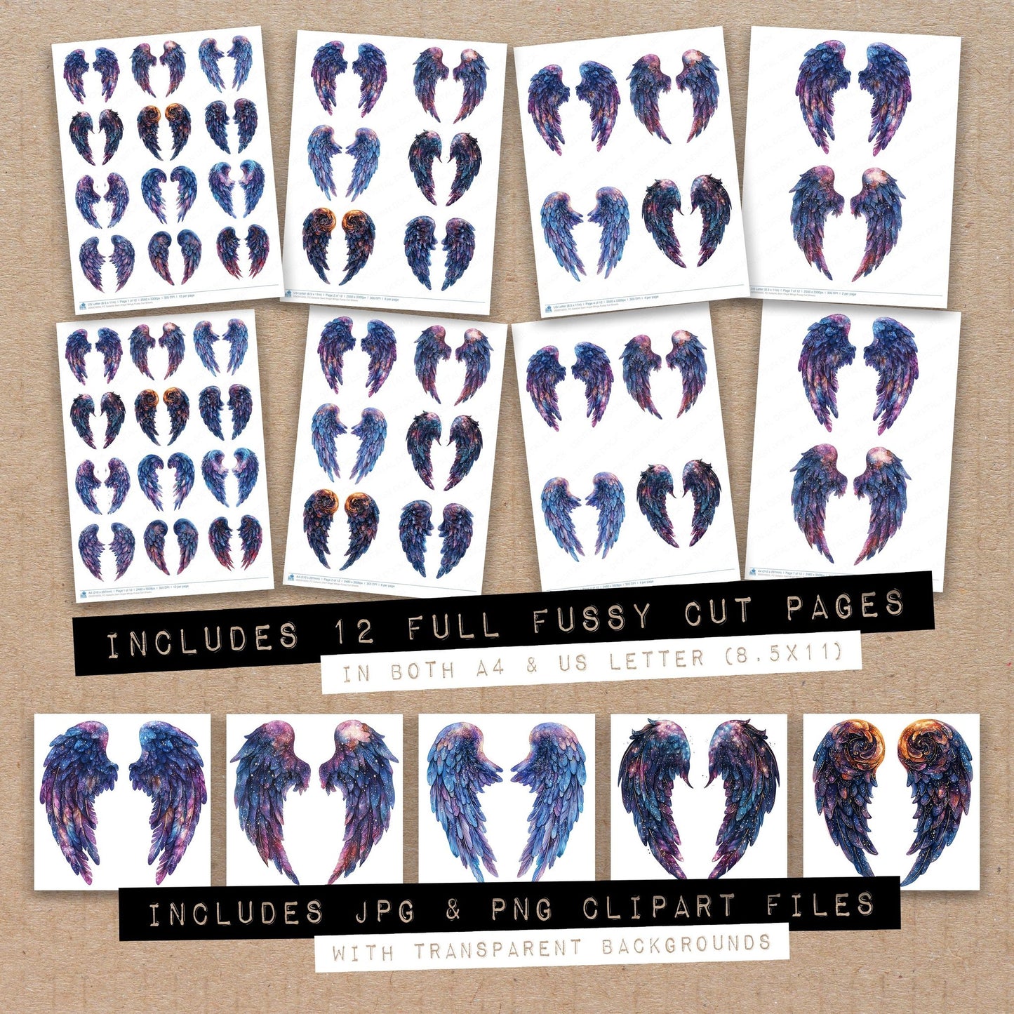 Full collection view of Galactic Swirl Angel Wings fussy cut sheets with bonus clipart JPG and PNG files