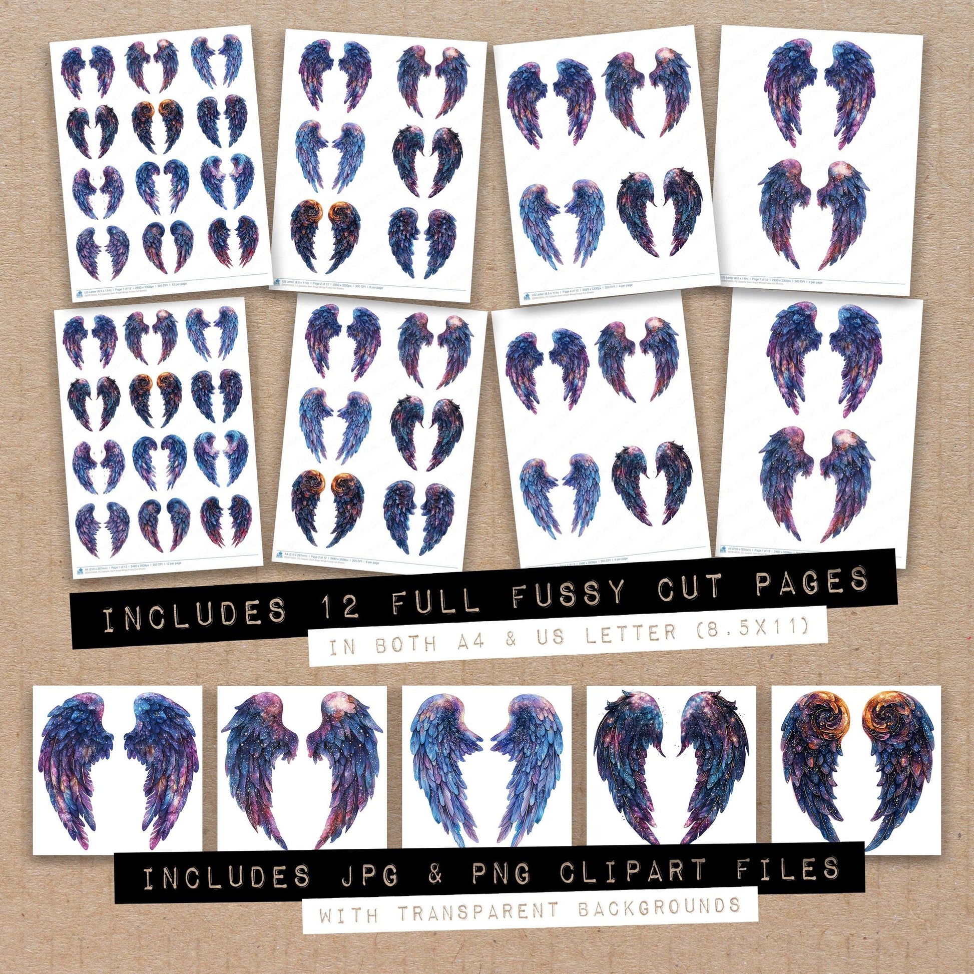 Full collection view of Galactic Swirl Angel Wings fussy cut sheets with bonus clipart JPG and PNG files