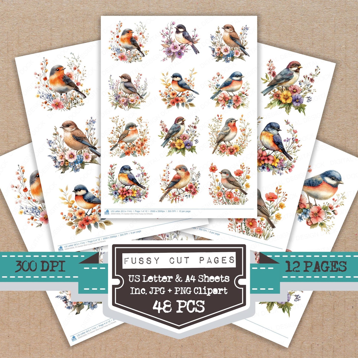 Garden Bird Floral fussy cut printable sheets for junk journaling, scrapbooking, and paper craft projects