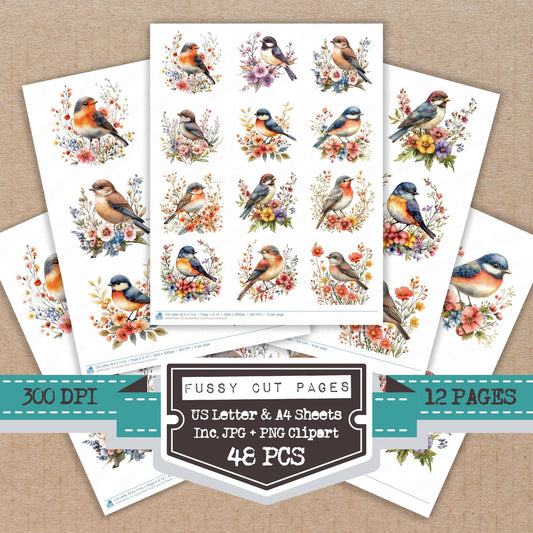 Garden Bird Floral fussy cut printable sheets for junk journaling, scrapbooking, and paper craft projects