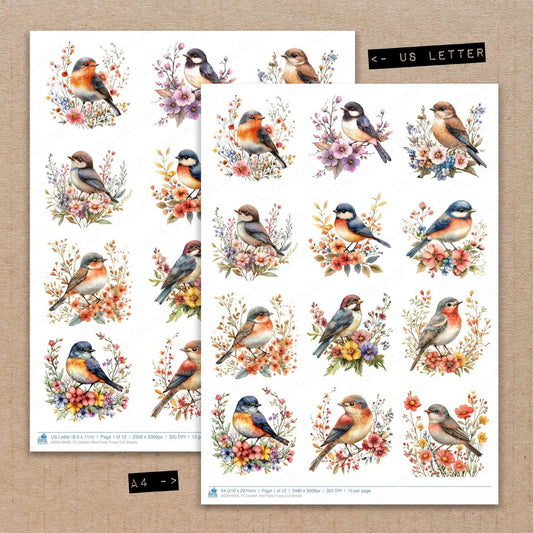 A4 and US Letter format comparison showing Garden Bird Floral fussy cut pages for print and cut crafting