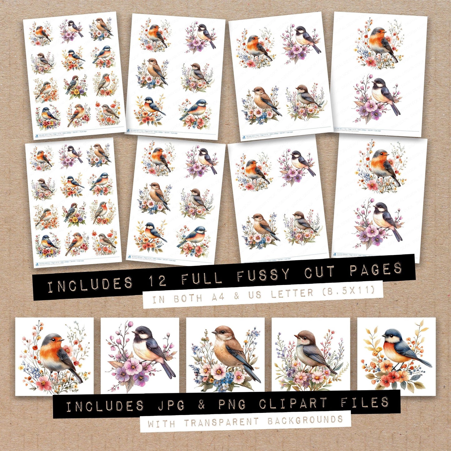 Full collection view of Garden Bird Floral fussy cut sheets with bonus clipart JPG and PNG files