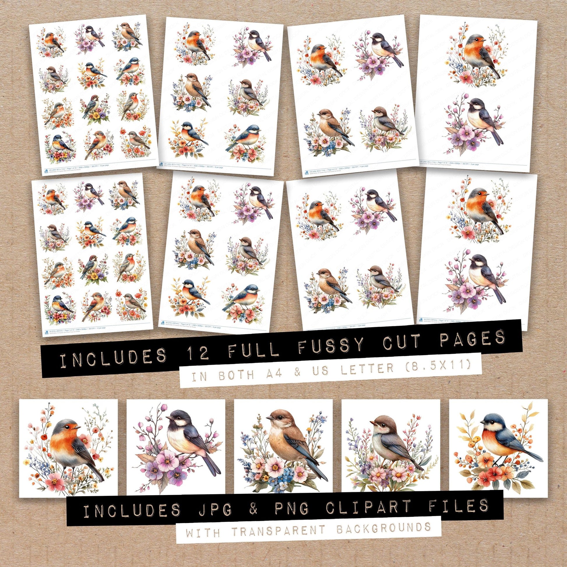 Full collection view of Garden Bird Floral fussy cut sheets with bonus clipart JPG and PNG files