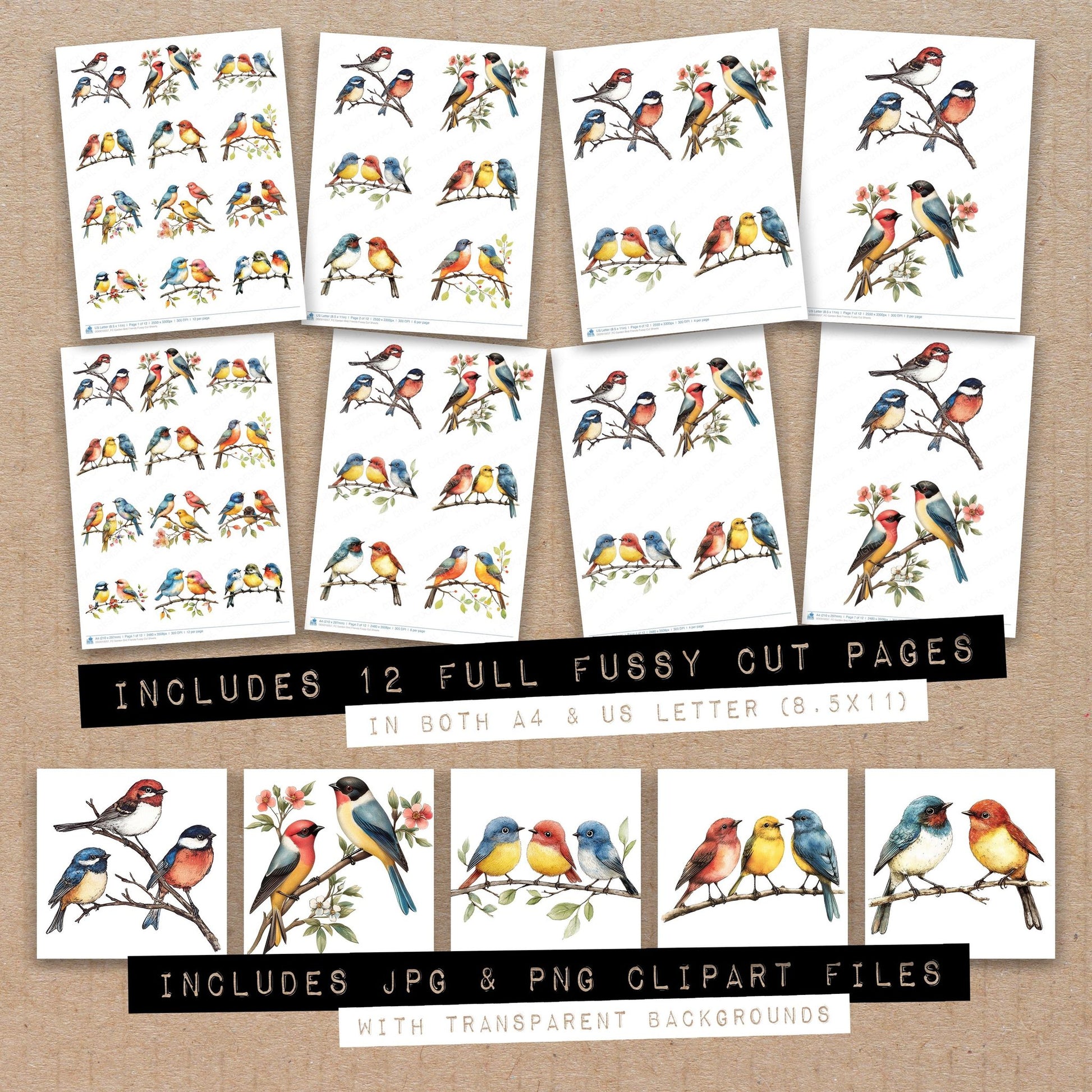 Full collection view of Garden Bird Friends fussy cut sheets with bonus clipart JPG and PNG files