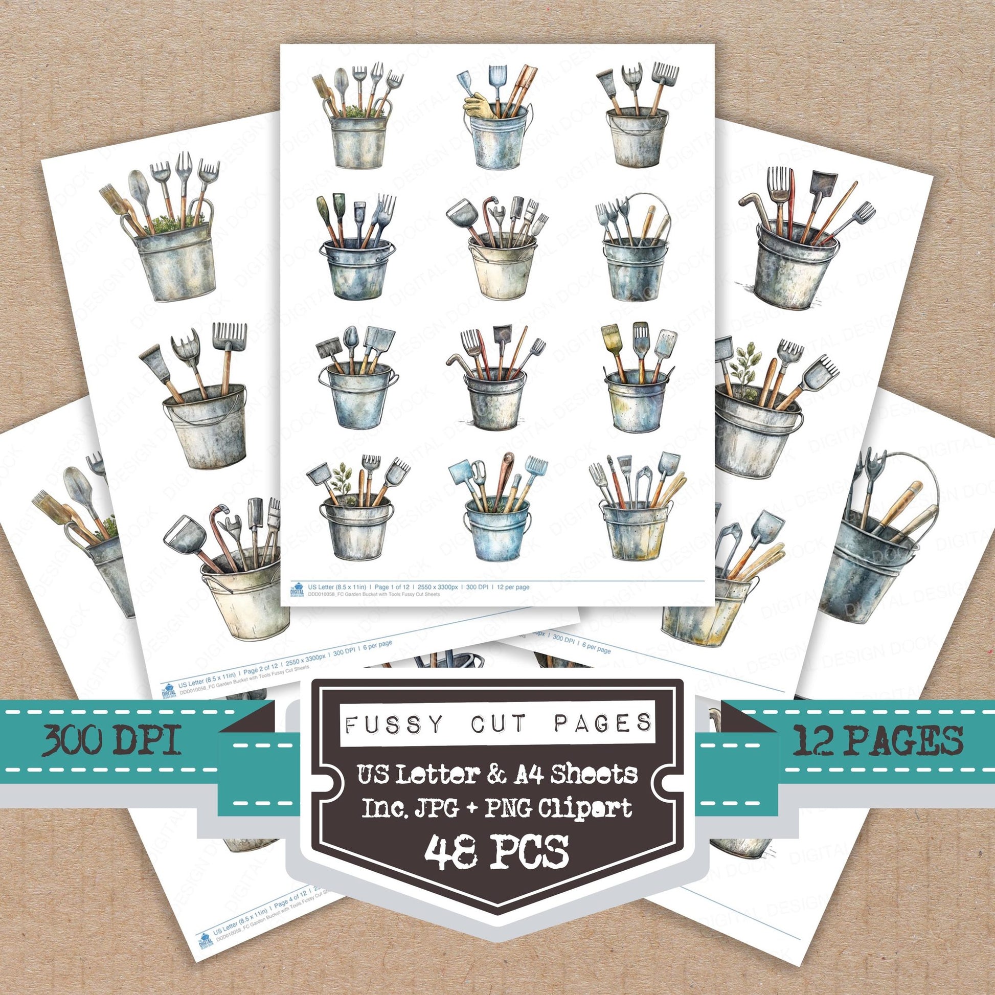 Garden Bucket with Tools fussy cut printable sheets for junk journaling, scrapbooking, and paper craft projects