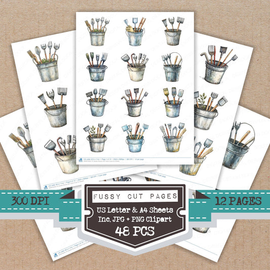 Garden Bucket with Tools fussy cut printable sheets for junk journaling, scrapbooking, and paper craft projects