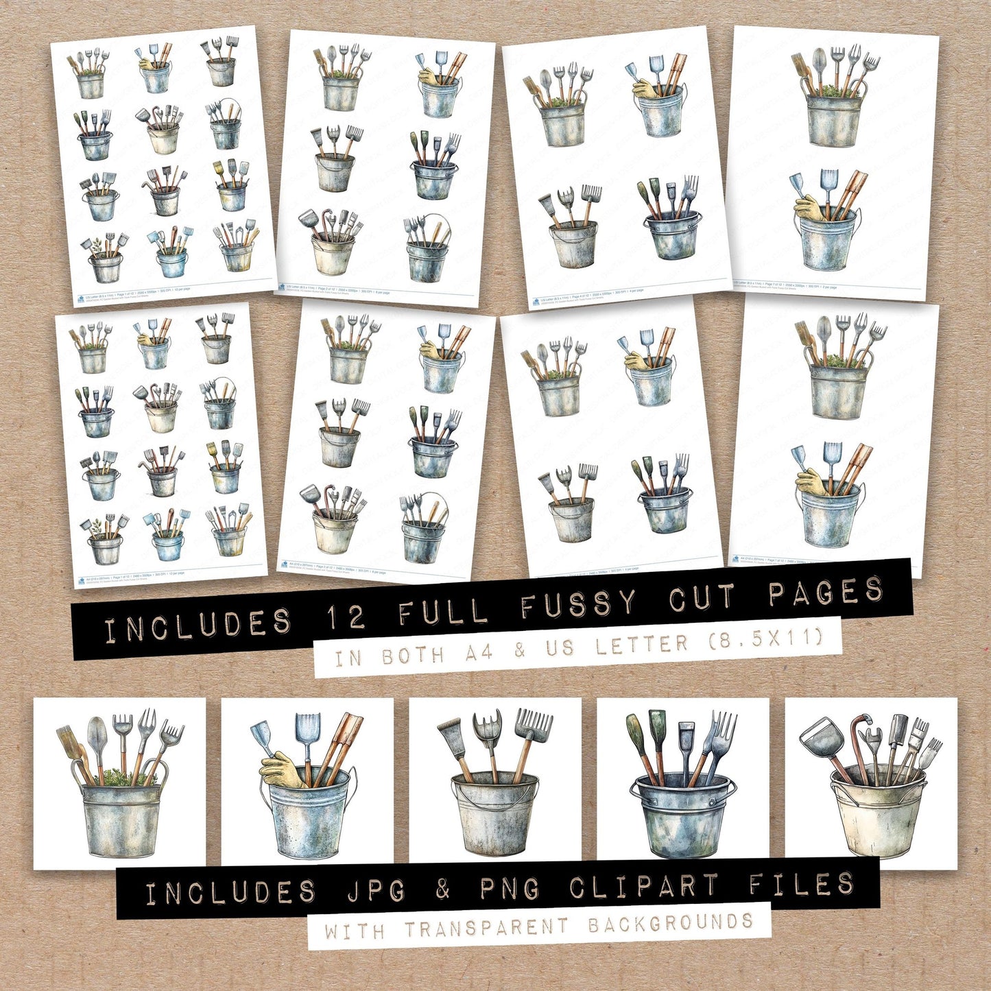 Full collection view of Garden Bucket with Tools fussy cut sheets with bonus clipart JPG and PNG files