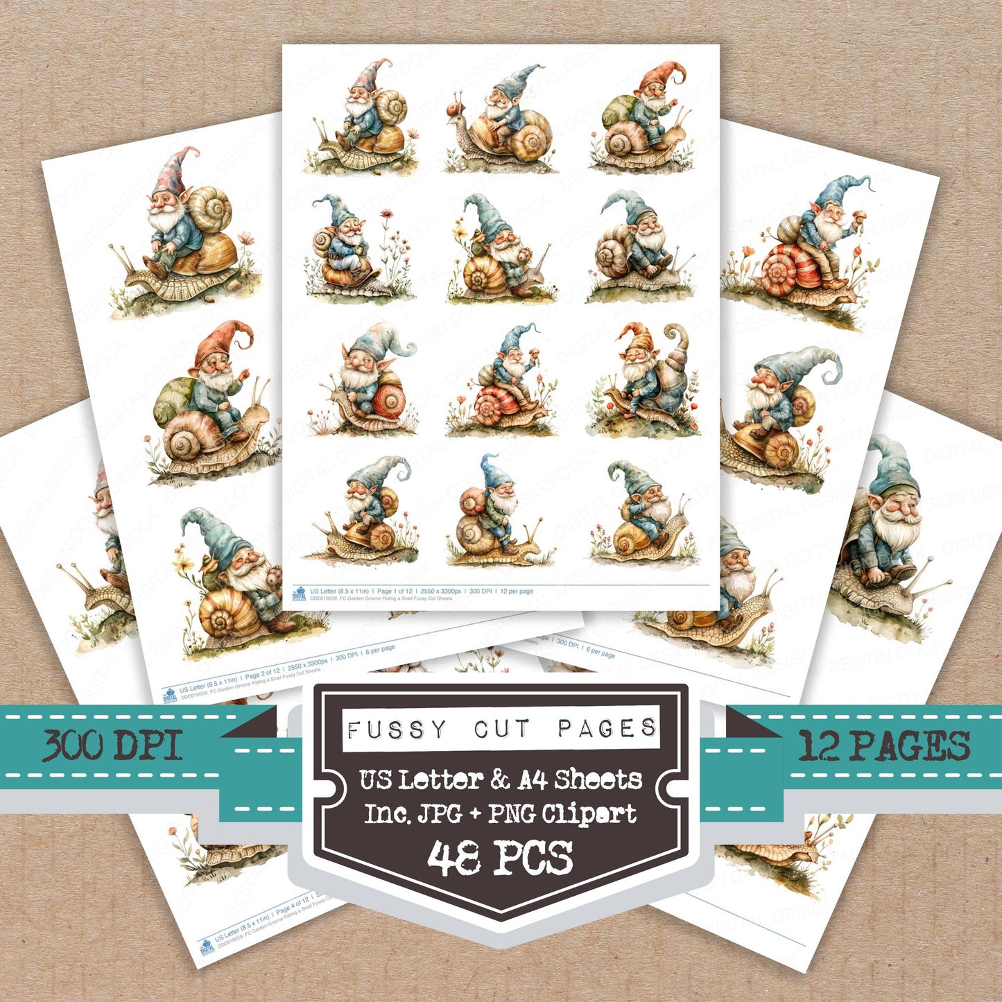 Garden Gnome Riding a Snail fussy cut printable sheets for junk journaling, scrapbooking, and paper craft projects