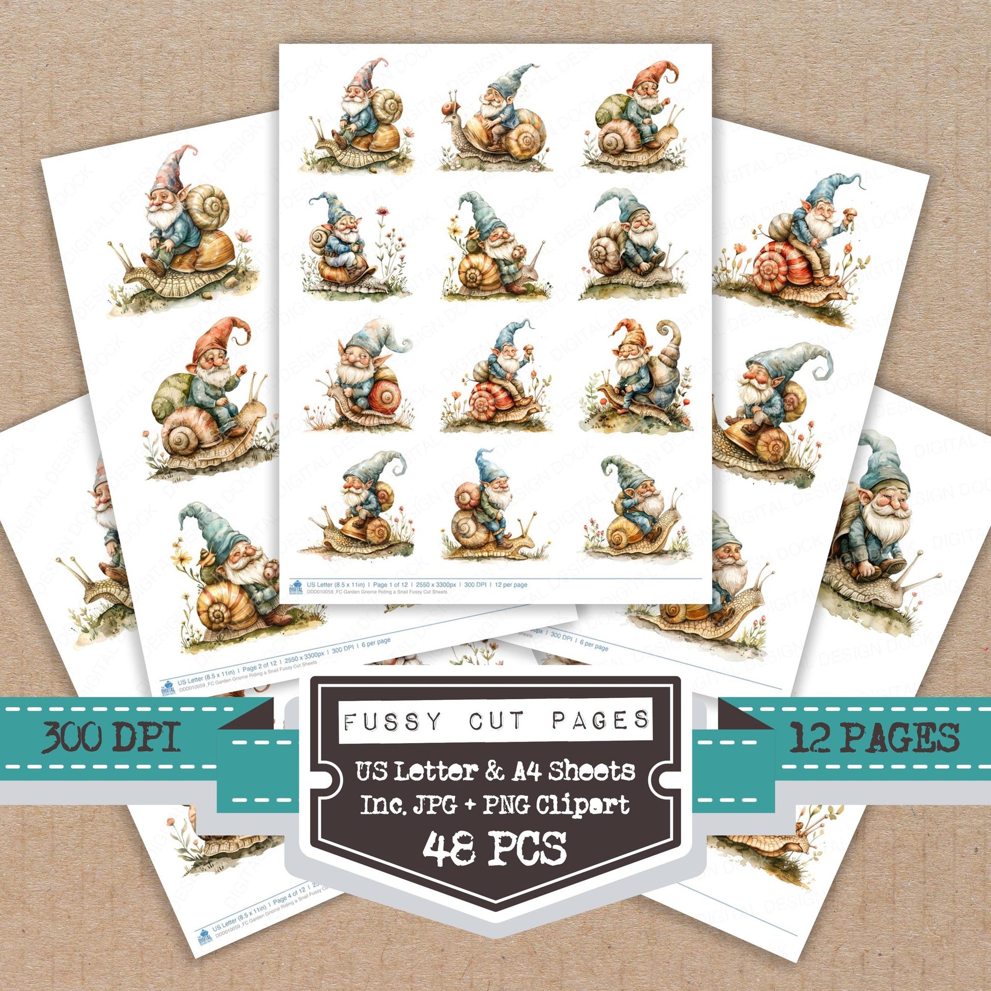 Garden Gnome Riding a Snail fussy cut printable sheets for junk journaling, scrapbooking, and paper craft projects