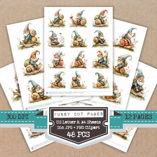 Garden Gnome Riding a Snail fussy cut printable sheets for junk journaling, scrapbooking, and paper craft projects