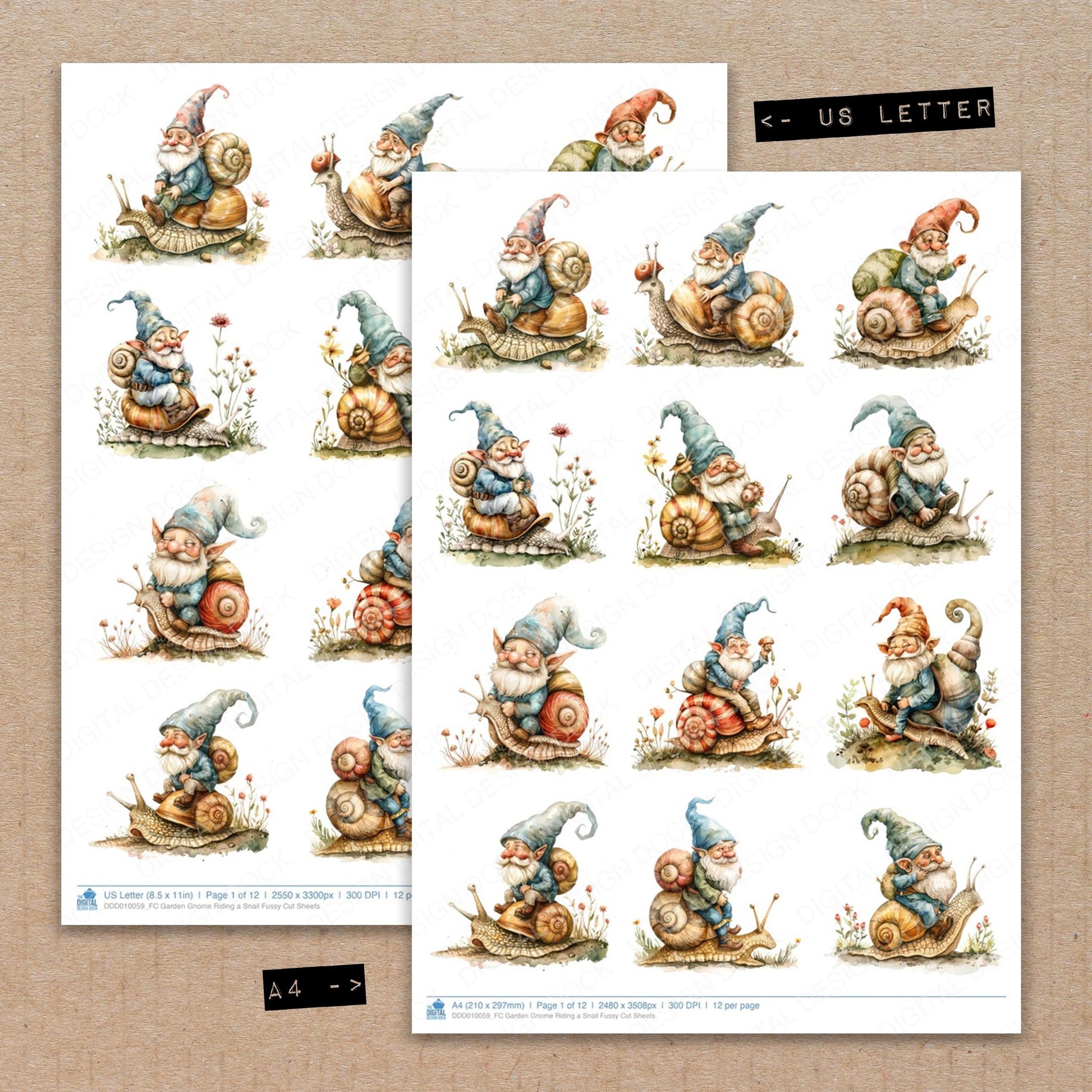 A4 and US Letter format comparison showing Garden Gnome Riding a Snail fussy cut pages for print and cut crafting