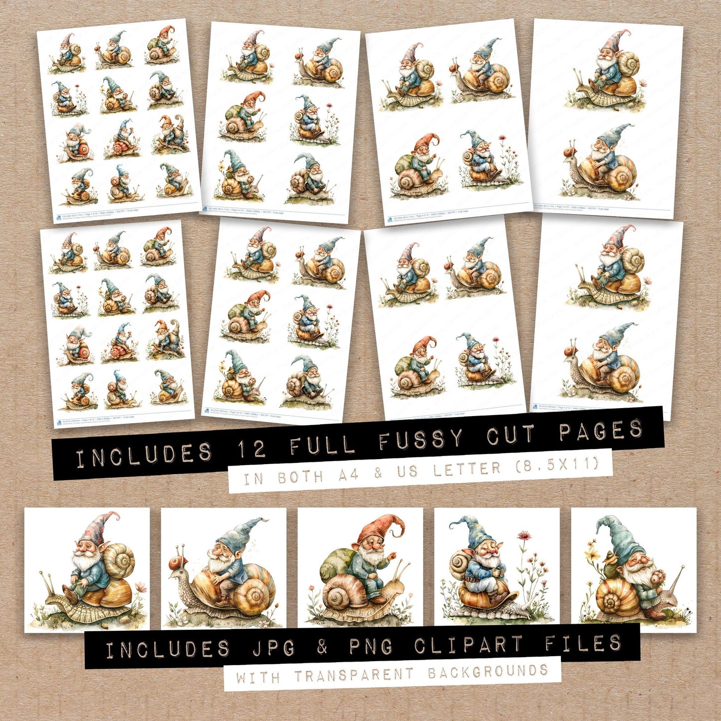Full collection view of Garden Gnome Riding a Snail fussy cut sheets with bonus clipart JPG and PNG files