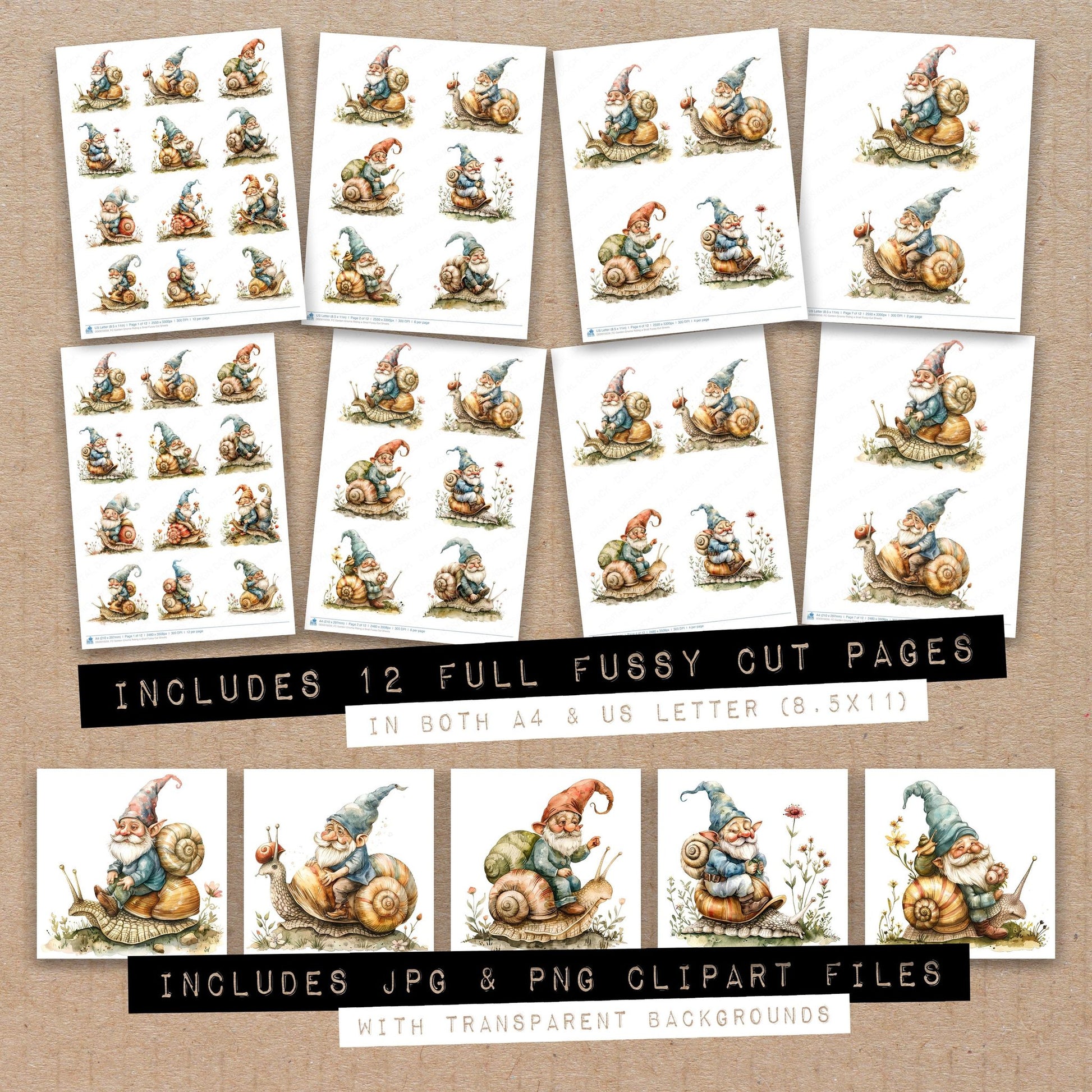 Full collection view of Garden Gnome Riding a Snail fussy cut sheets with bonus clipart JPG and PNG files