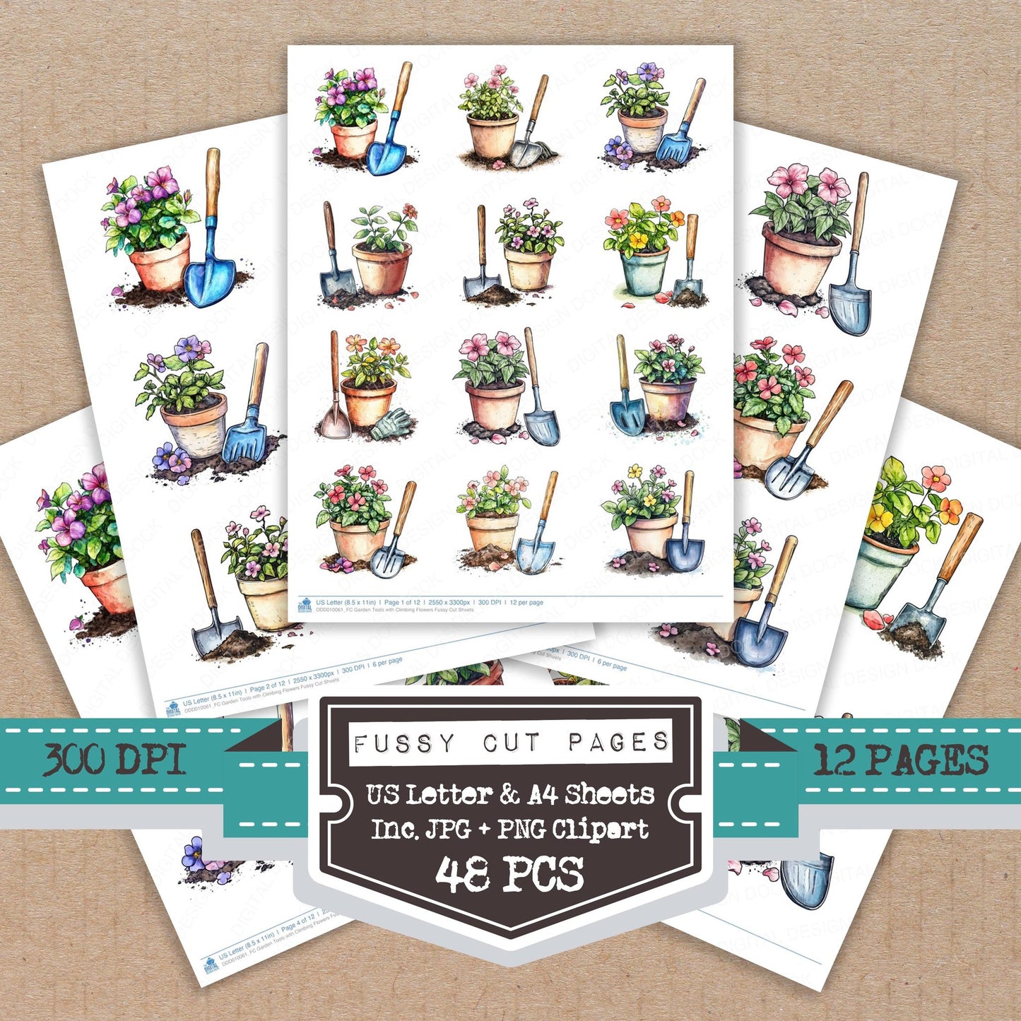 Garden Tools with Climbing Flowers fussy cut printable sheets for junk journaling, scrapbooking, and paper craft projects