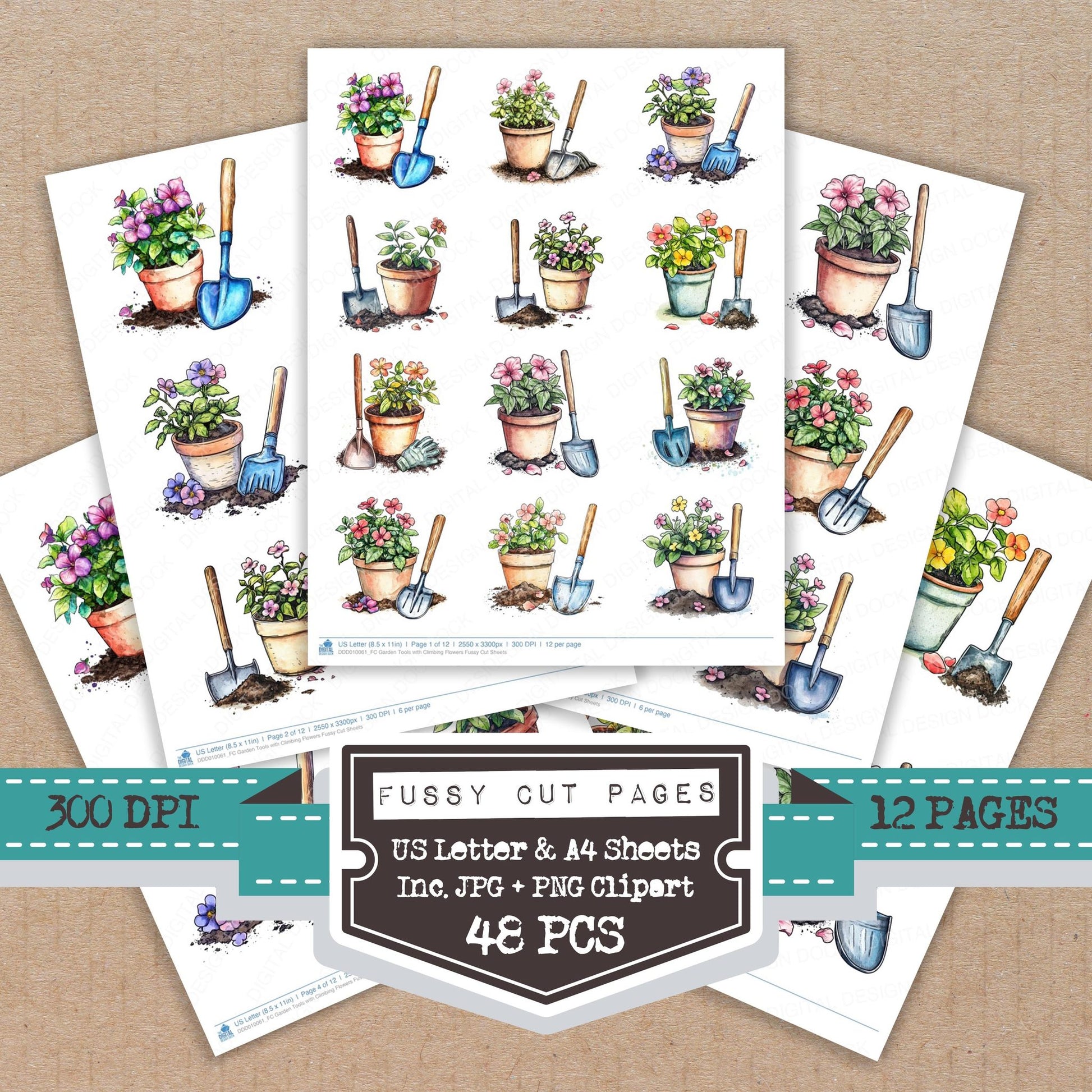 Garden Tools with Climbing Flowers fussy cut printable sheets for junk journaling, scrapbooking, and paper craft projects
