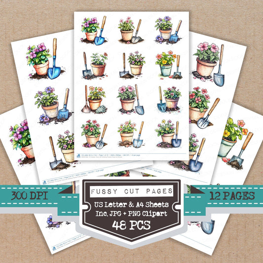 Garden Tools with Climbing Flowers fussy cut printable sheets for junk journaling, scrapbooking, and paper craft projects