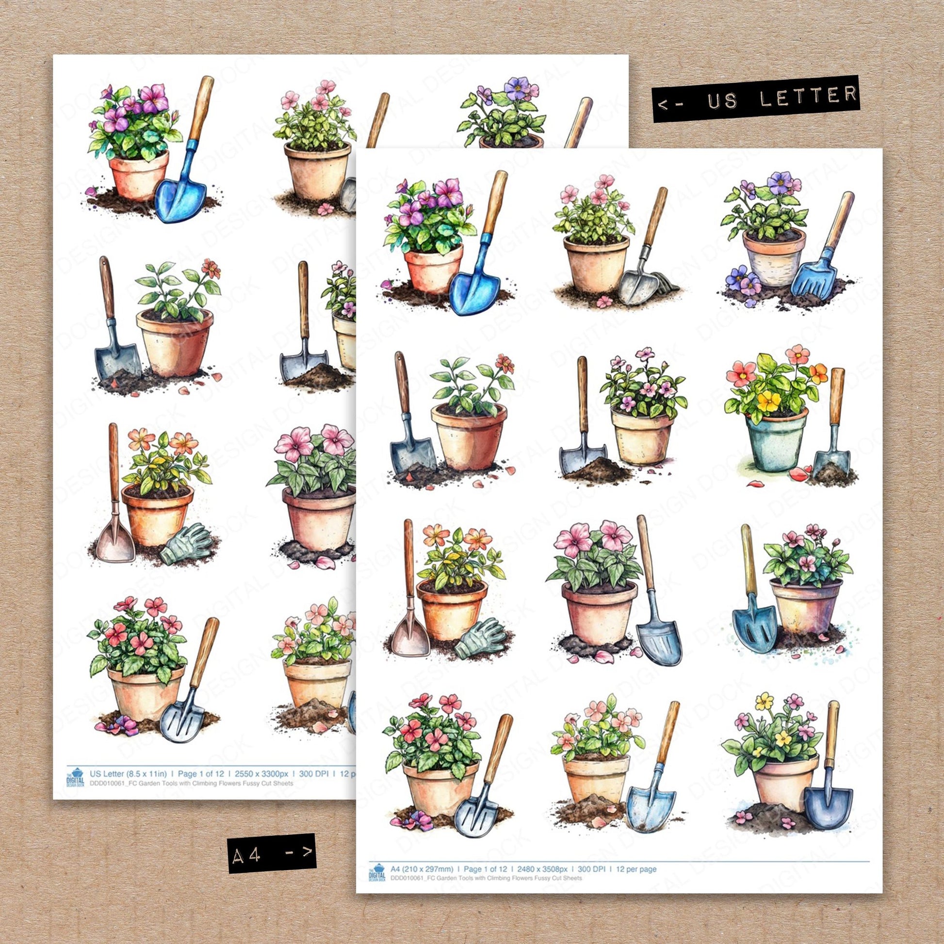 A4 and US Letter format comparison showing Garden Tools with Climbing Flowers fussy cut pages for print and cut crafting