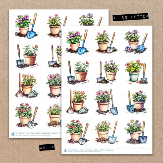 A4 and US Letter format comparison showing Garden Tools with Climbing Flowers fussy cut pages for print and cut crafting