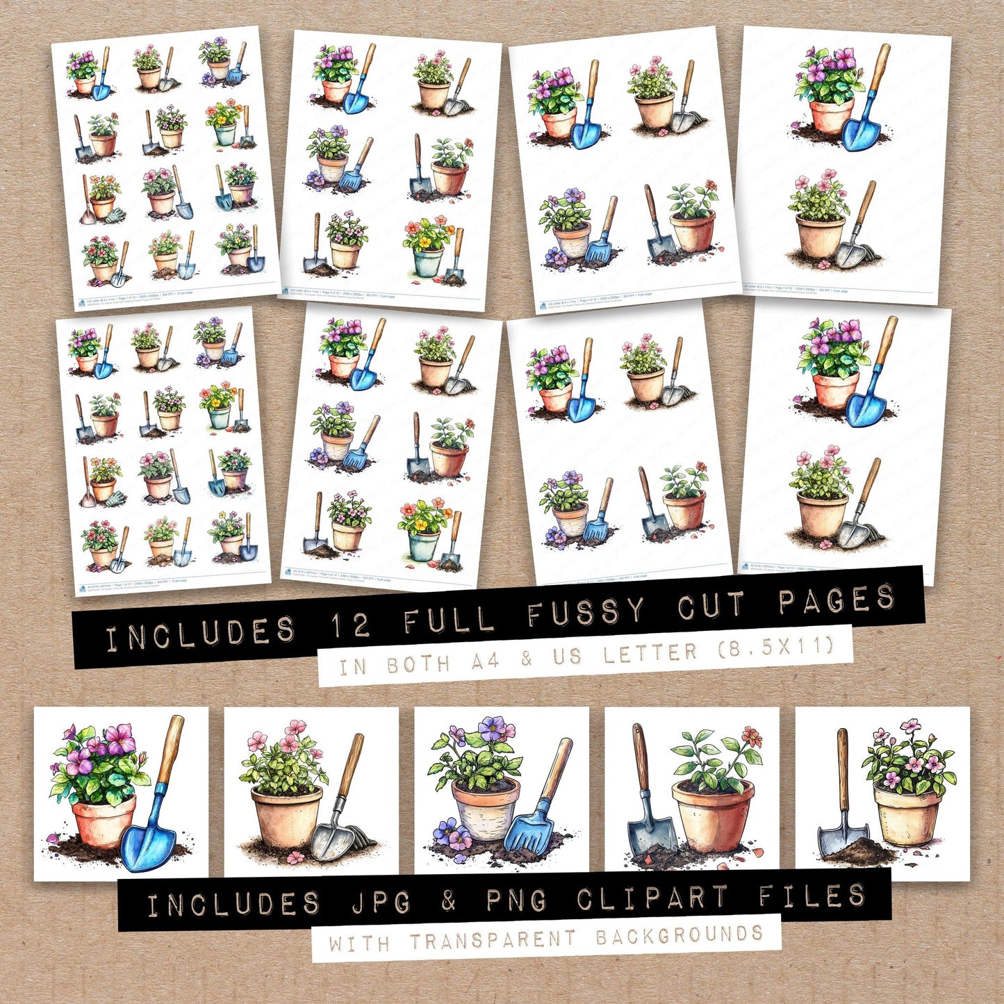Full collection view of Garden Tools with Climbing Flowers fussy cut sheets with bonus clipart JPG and PNG files