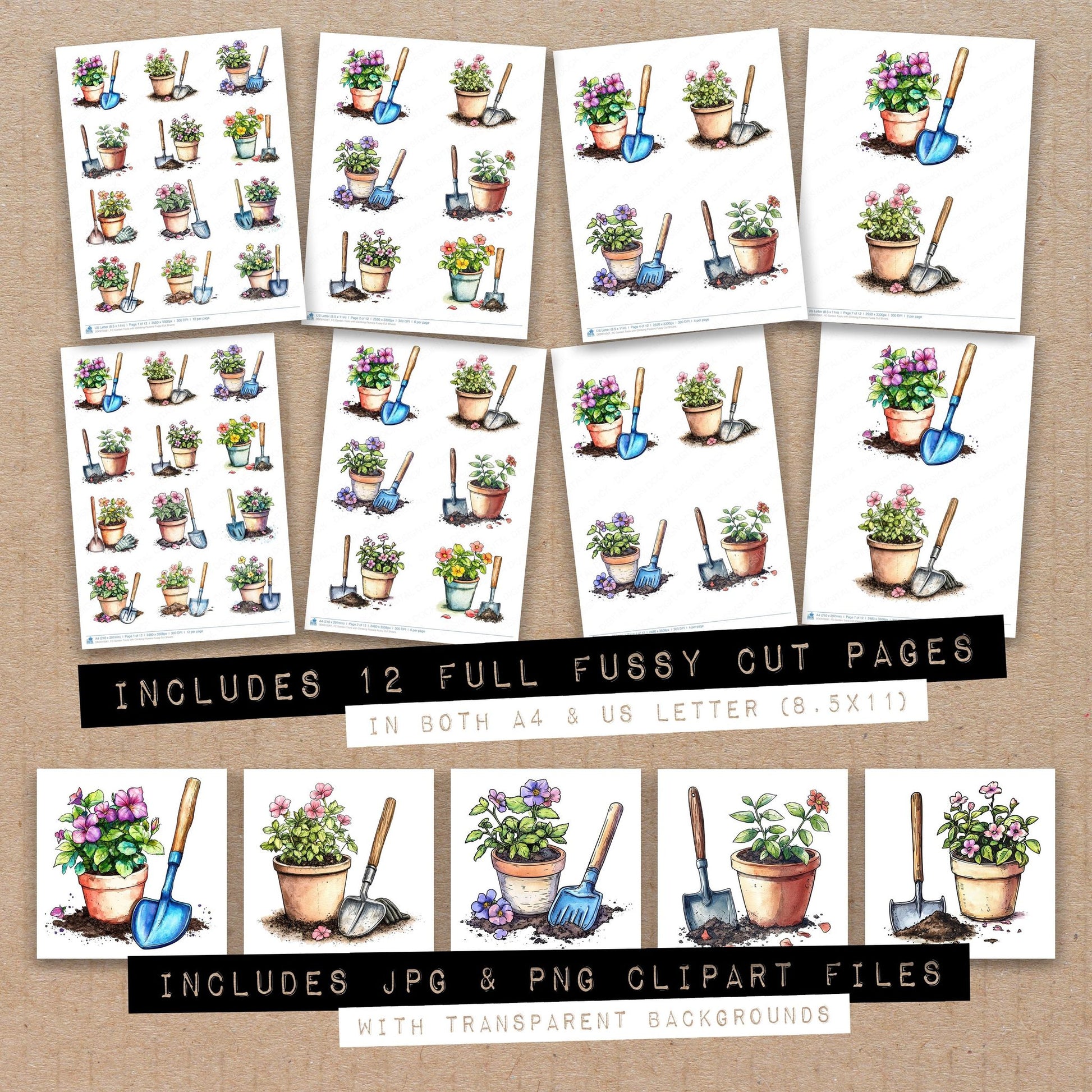 Full collection view of Garden Tools with Climbing Flowers fussy cut sheets with bonus clipart JPG and PNG files