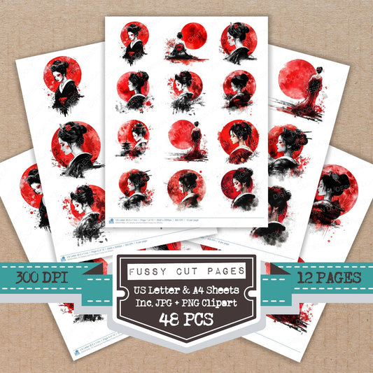 Geisha and Red Moon fussy cut printable sheets for junk journaling, scrapbooking, and paper craft projects