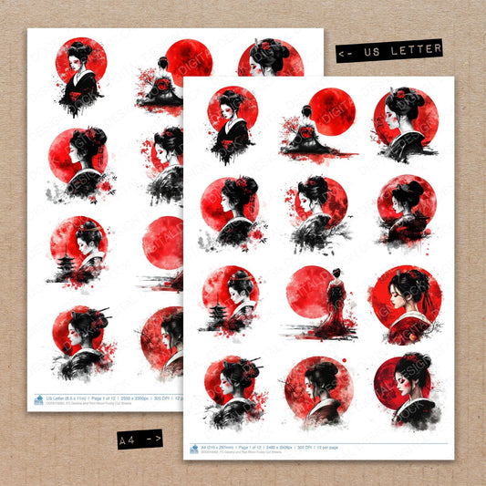 A4 and US Letter format comparison showing Geisha and Red Moon fussy cut pages for print and cut crafting