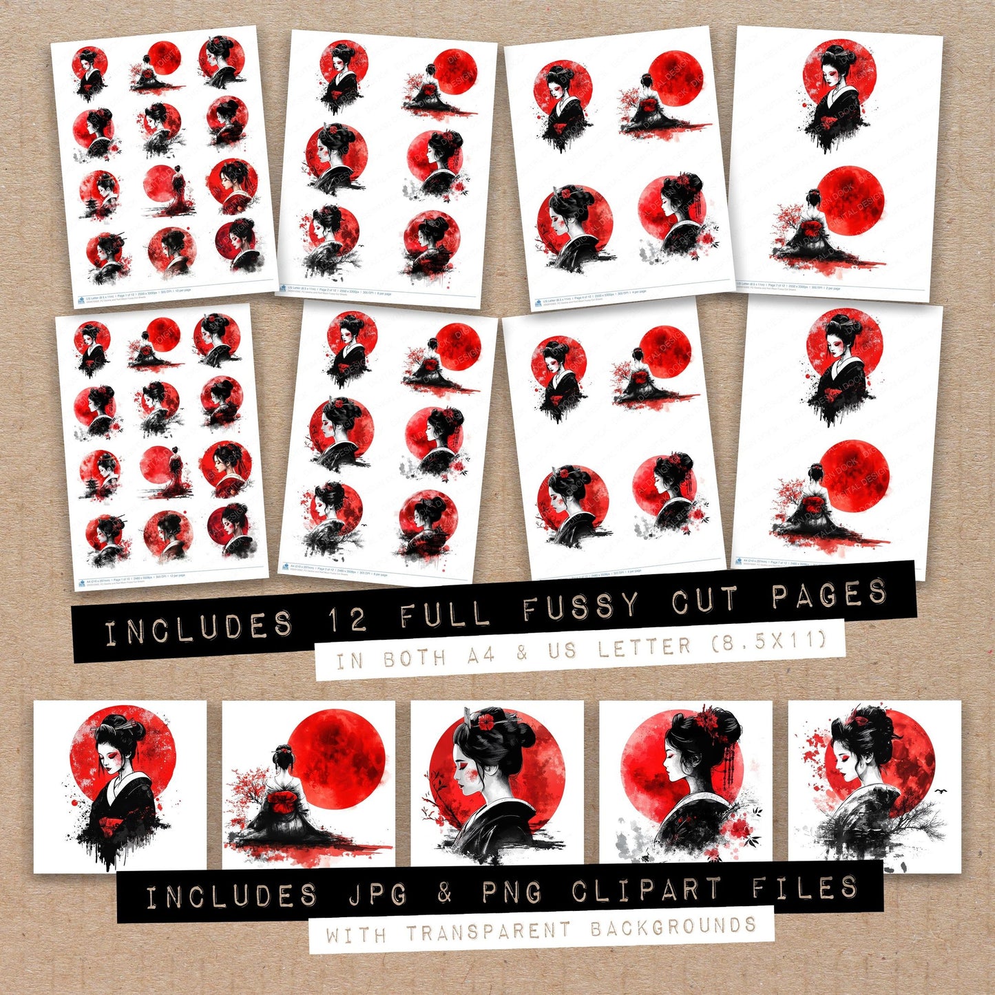 Full collection view of Geisha and Red Moon fussy cut sheets with bonus clipart JPG and PNG files