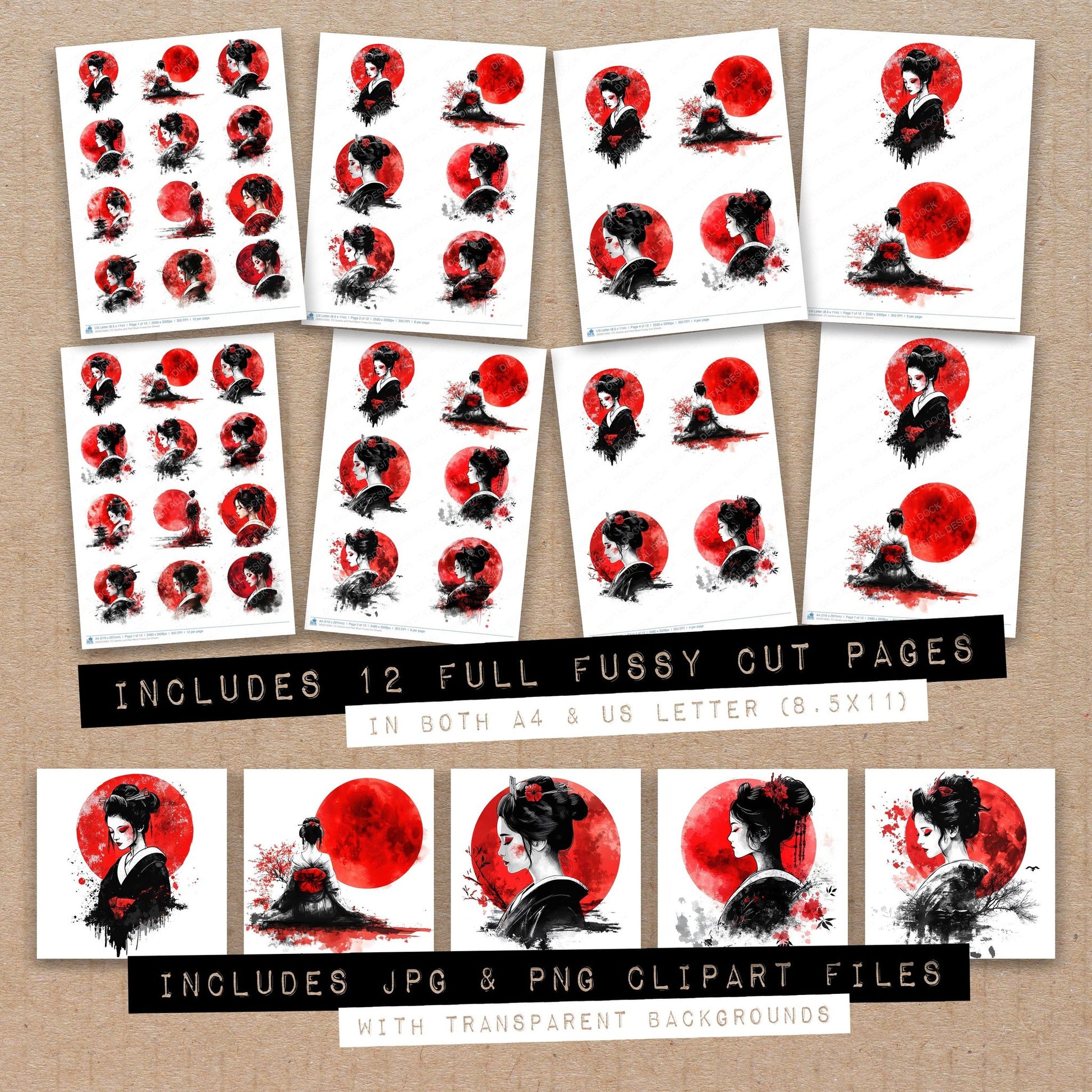 Full collection view of Geisha and Red Moon fussy cut sheets with bonus clipart JPG and PNG files