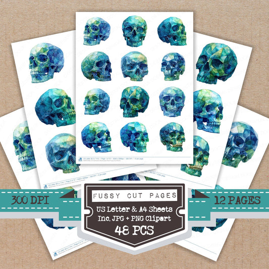 Gemstone Watercolour Skull fussy cut printable sheets for junk journaling, scrapbooking, and paper craft projects