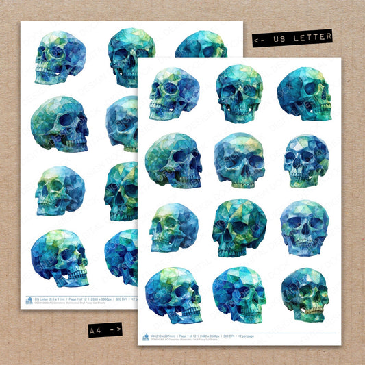 A4 and US Letter format comparison showing Gemstone Watercolour Skull fussy cut pages for print and cut crafting