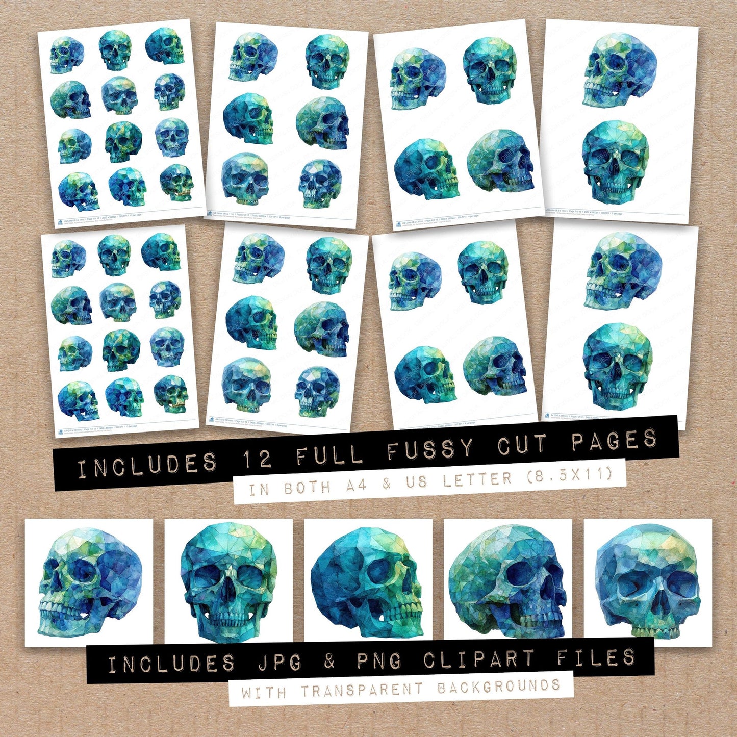 Full collection view of Gemstone Watercolour Skull fussy cut sheets with bonus clipart JPG and PNG files