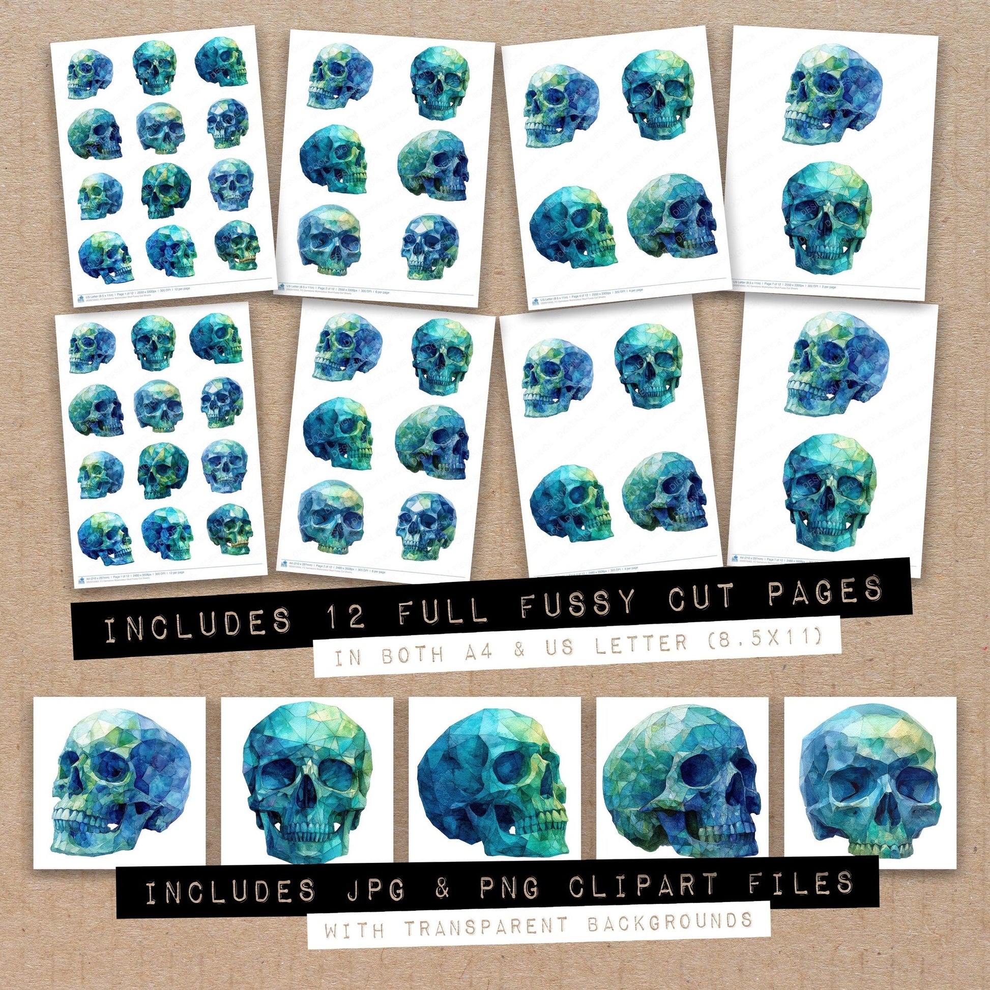 Full collection view of Gemstone Watercolour Skull fussy cut sheets with bonus clipart JPG and PNG files