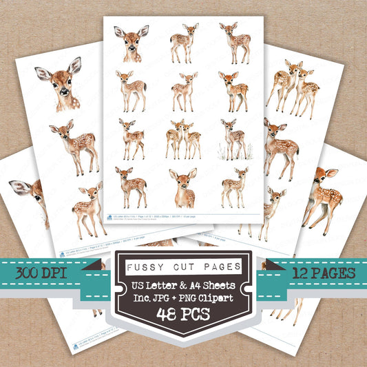 Gentle Fawn Deer fussy cut printable sheets for junk journaling, scrapbooking, and paper craft projects