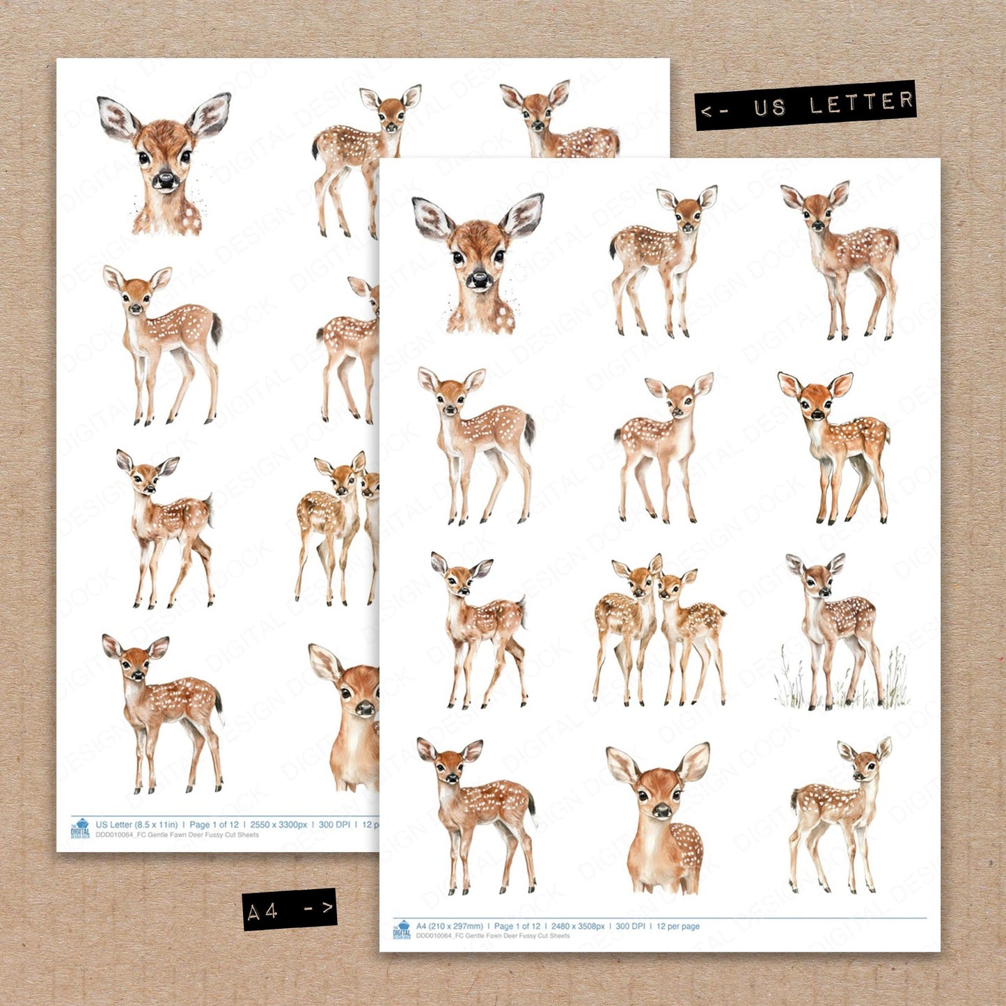 A4 and US Letter format comparison showing Gentle Fawn Deer fussy cut pages for print and cut crafting