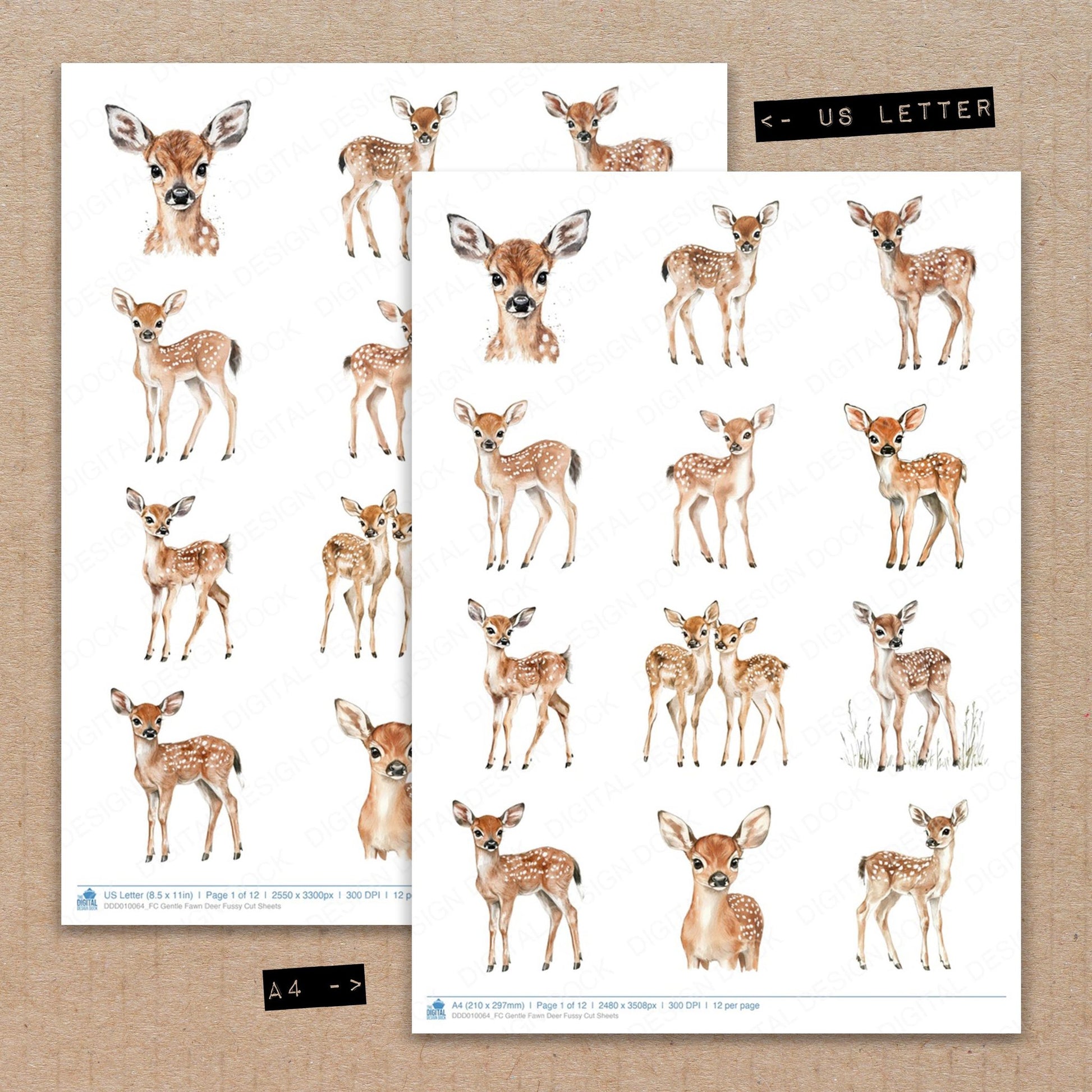 A4 and US Letter format comparison showing Gentle Fawn Deer fussy cut pages for print and cut crafting