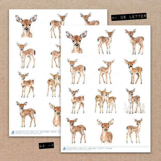 A4 and US Letter format comparison showing Gentle Fawn Deer fussy cut pages for print and cut crafting