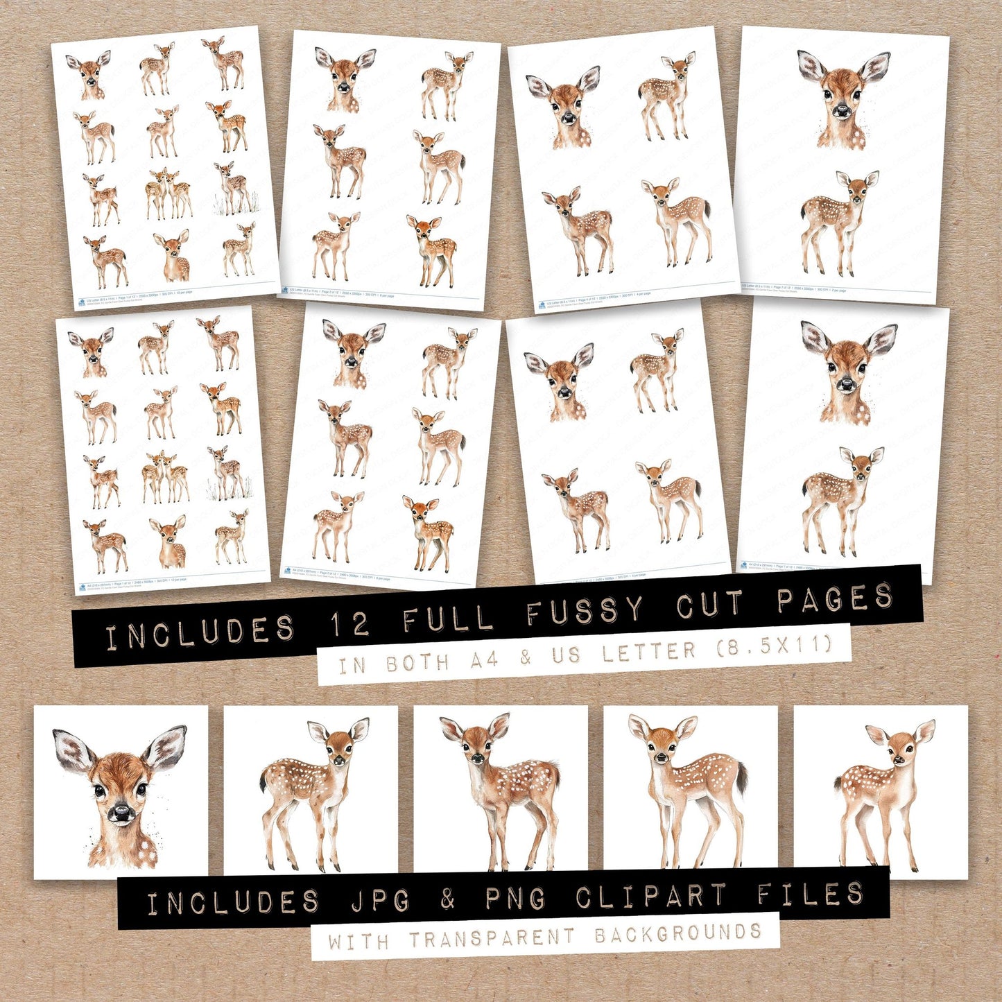 Full collection view of Gentle Fawn Deer fussy cut sheets with bonus clipart JPG and PNG files