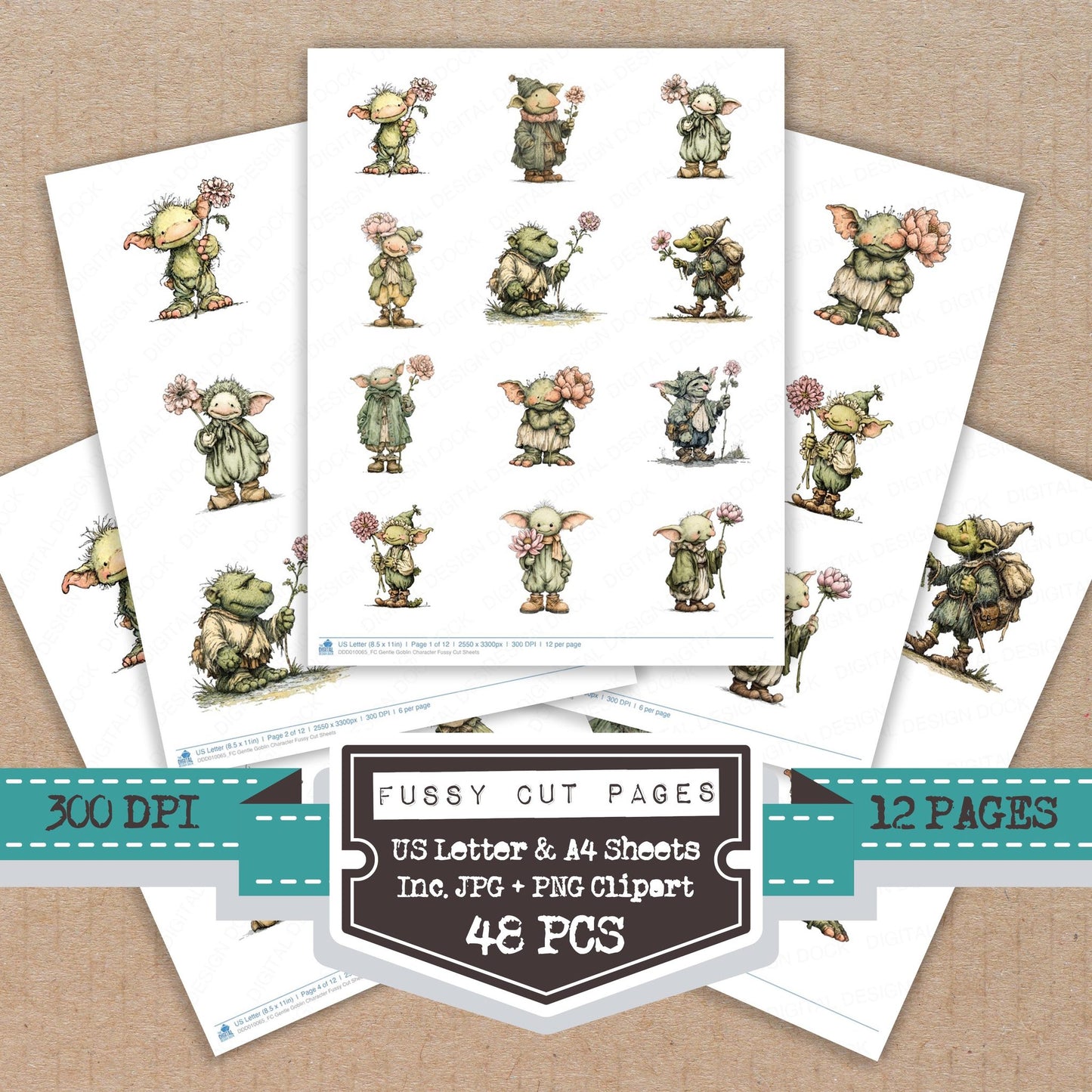 Gentle Goblin Character fussy cut printable sheets for junk journaling, scrapbooking, and paper craft projects