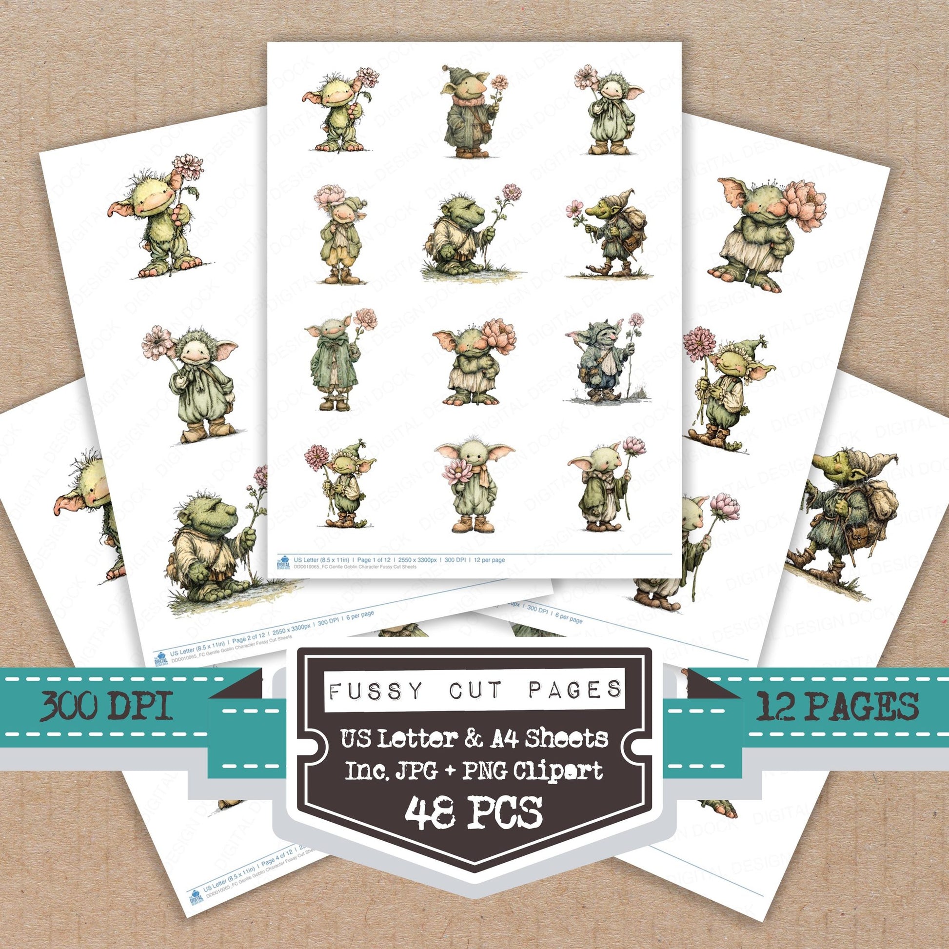 Gentle Goblin Character fussy cut printable sheets for junk journaling, scrapbooking, and paper craft projects