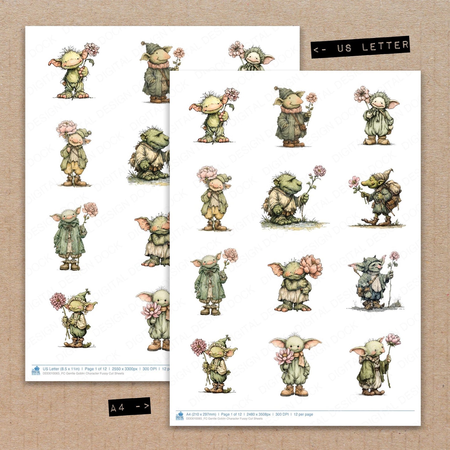 A4 and US Letter format comparison showing Gentle Goblin Character fussy cut pages for print and cut crafting