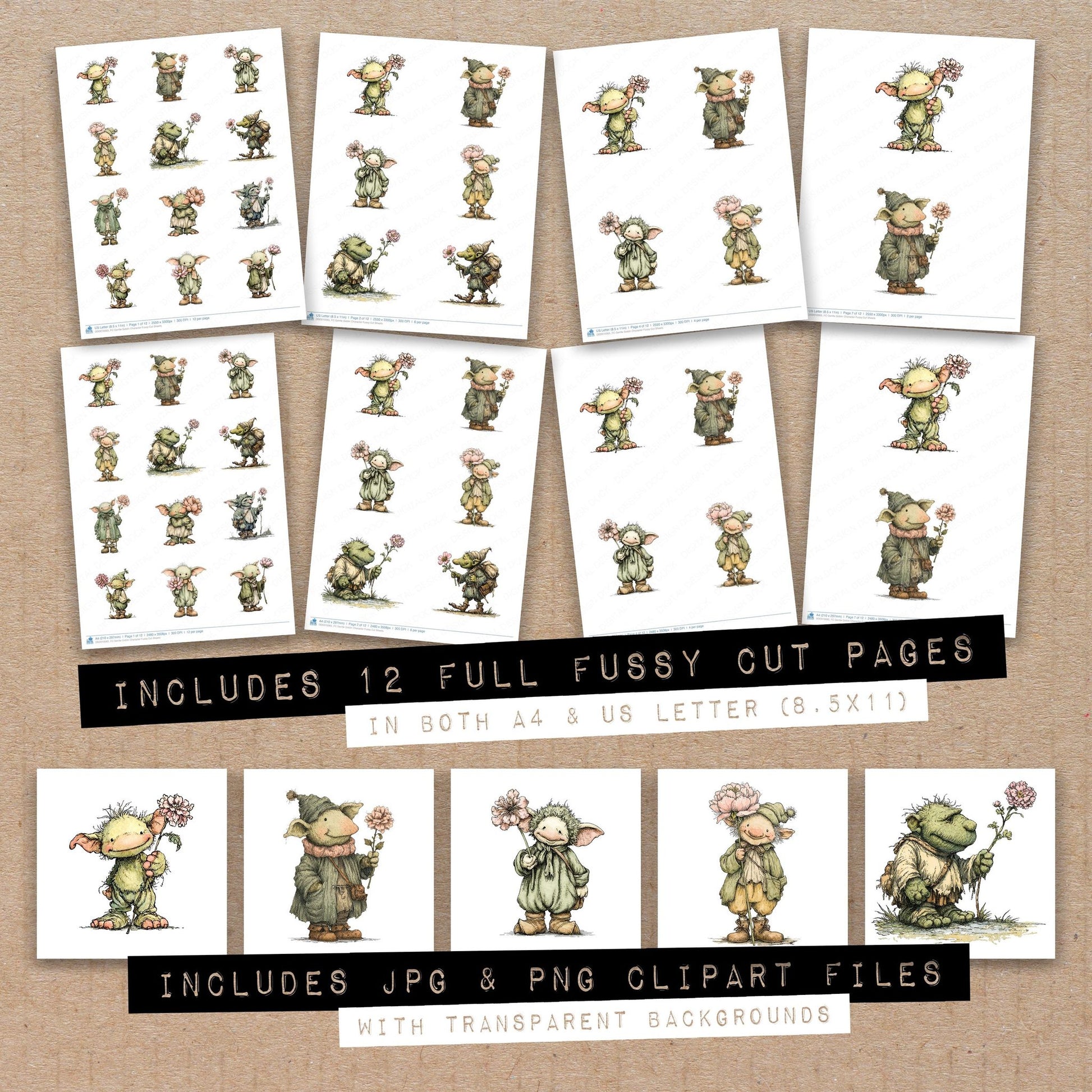 Full collection view of Gentle Goblin Character fussy cut sheets with bonus clipart JPG and PNG files