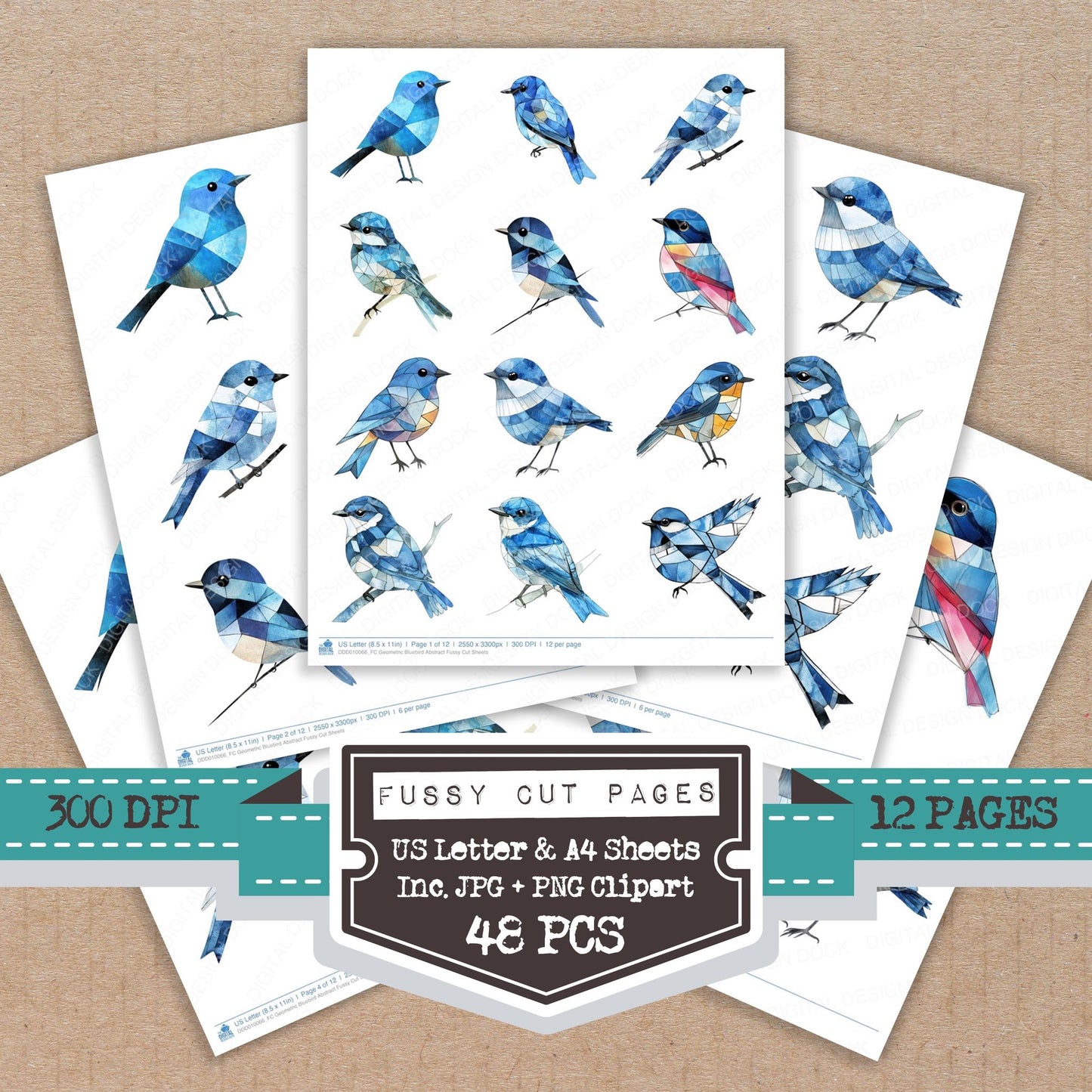 Geometric Bluebird Abstract fussy cut printable sheets for junk journaling, scrapbooking, and paper craft projects