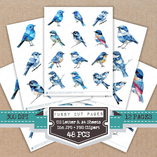 Geometric Bluebird Abstract fussy cut printable sheets for junk journaling, scrapbooking, and paper craft projects