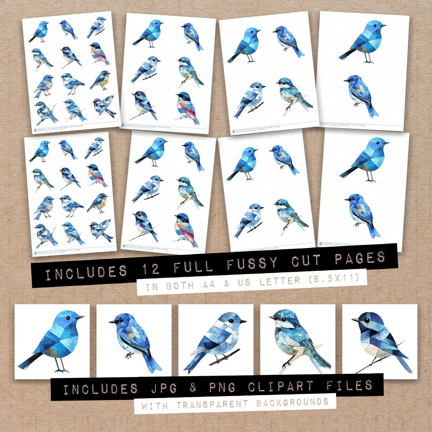Full collection view of Geometric Bluebird Abstract fussy cut sheets with bonus clipart JPG and PNG files