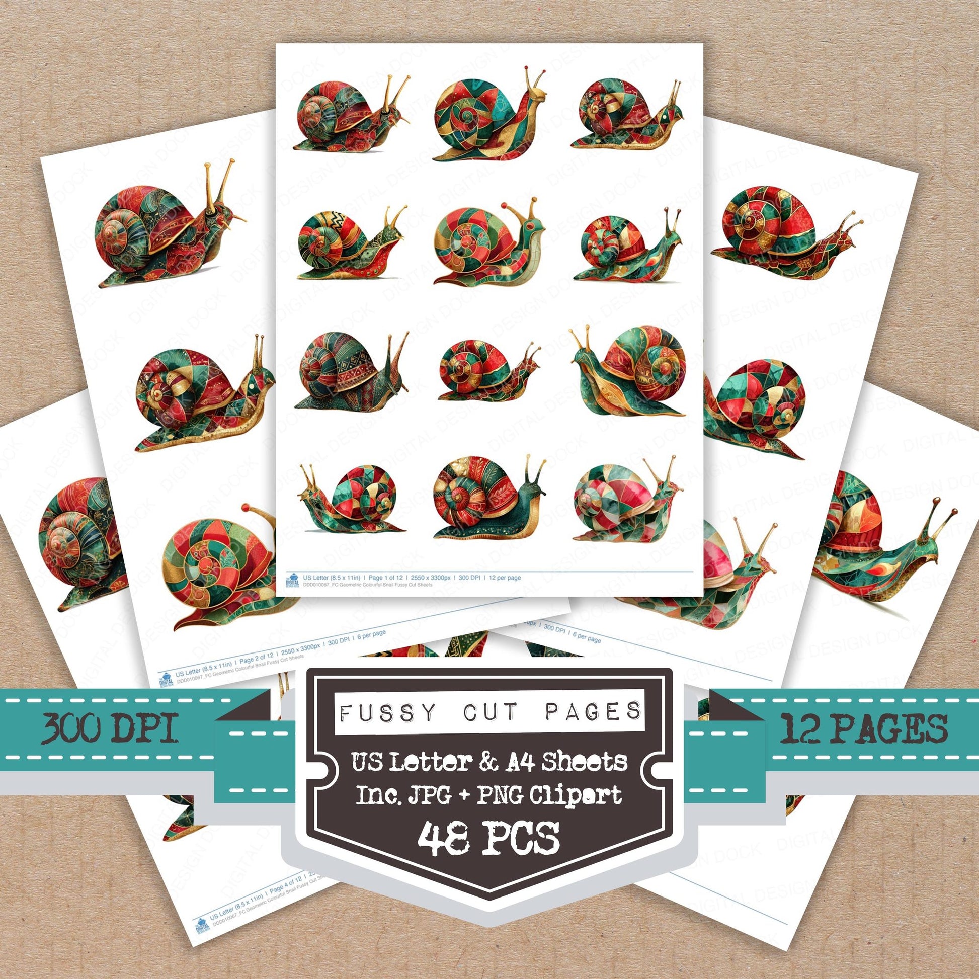 Geometric Colourful Snail fussy cut printable sheets for junk journaling, scrapbooking, and paper craft projects