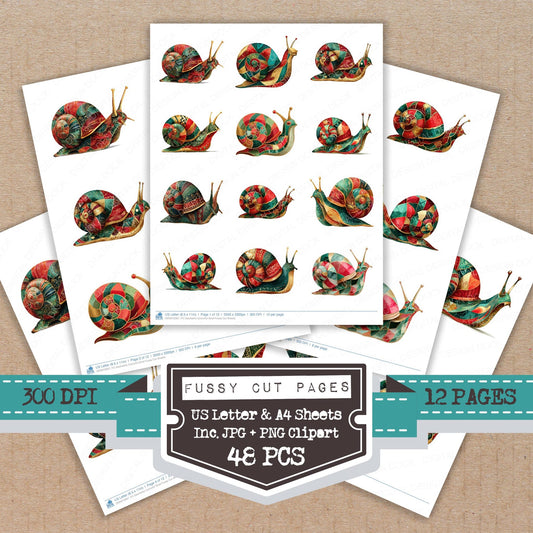 Geometric Colourful Snail fussy cut printable sheets for junk journaling, scrapbooking, and paper craft projects