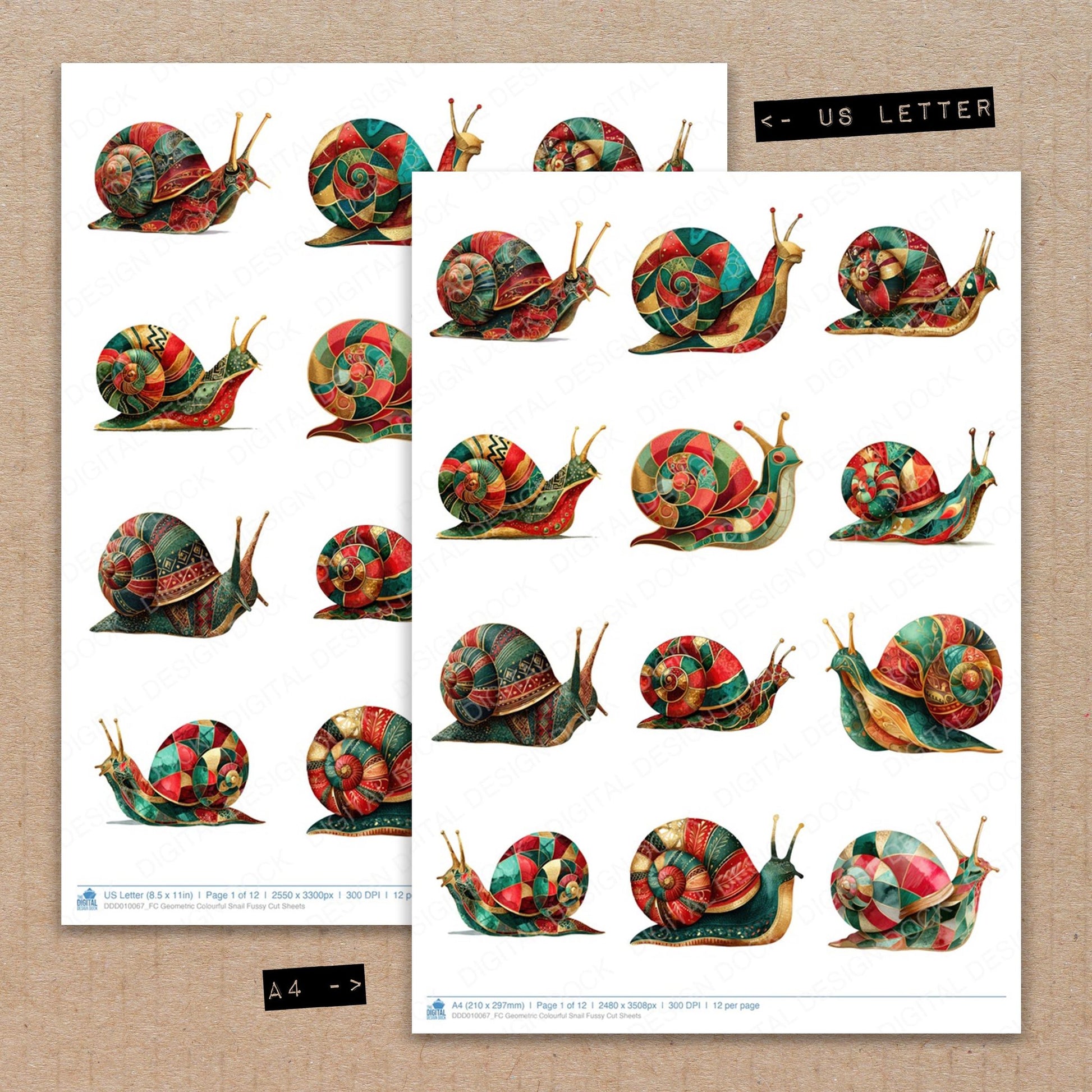 A4 and US Letter format comparison showing Geometric Colourful Snail fussy cut pages for print and cut crafting