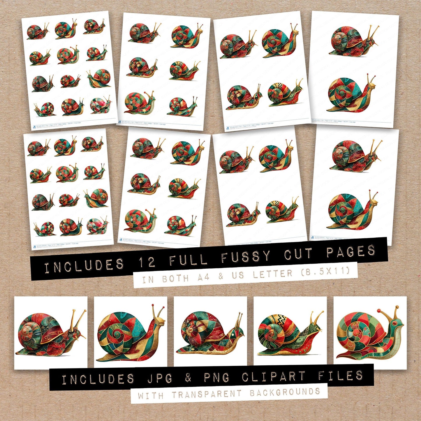 Full collection view of Geometric Colourful Snail fussy cut sheets with bonus clipart JPG and PNG files