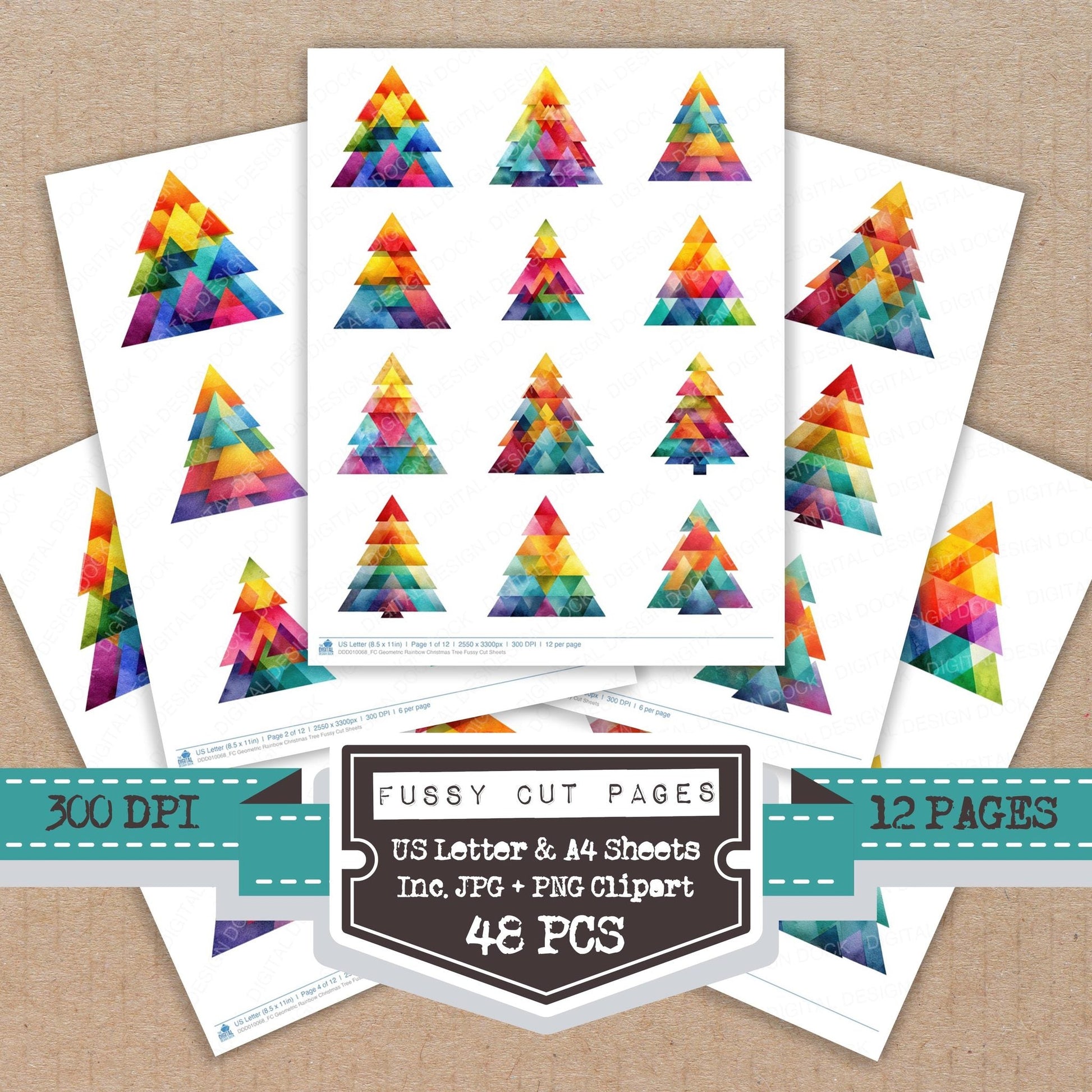 DDD010068_FC Geometric Rainbow Christmas Tree Fussy Cut Sheets