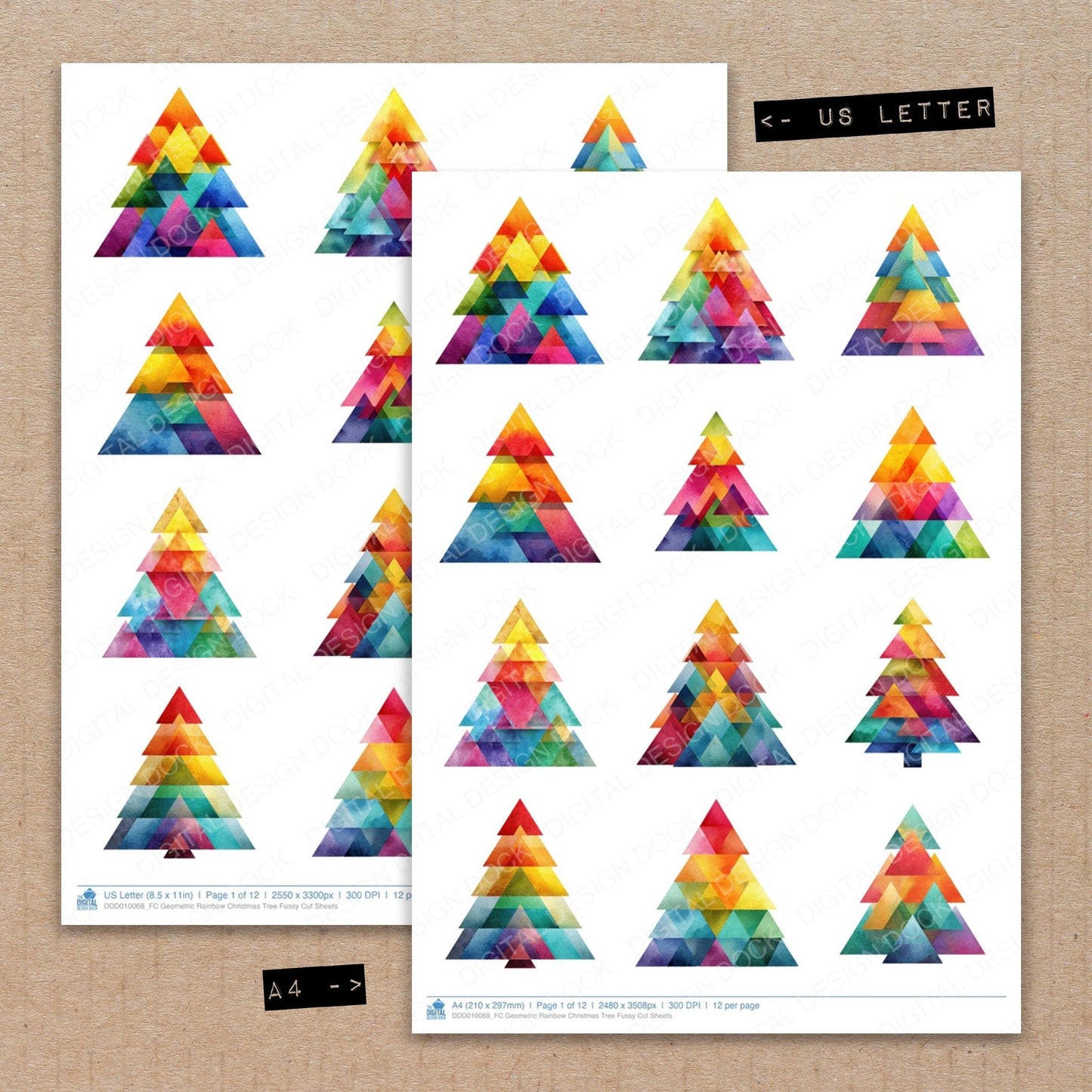 DDD010068_FC Geometric Rainbow Christmas Tree Fussy Cut Sheets